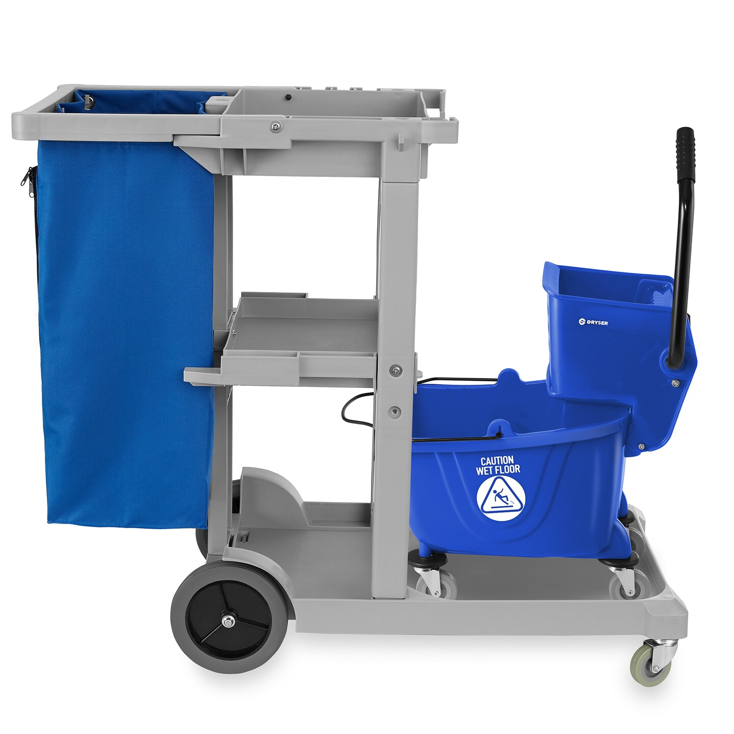 Dryser Commercial Janitorial Cleaning Cart on Wheels with Shelves and Vinyl Bag &#x26; Commercial Mop Bucket with Side Press Wringer, 26 Qt. Blue