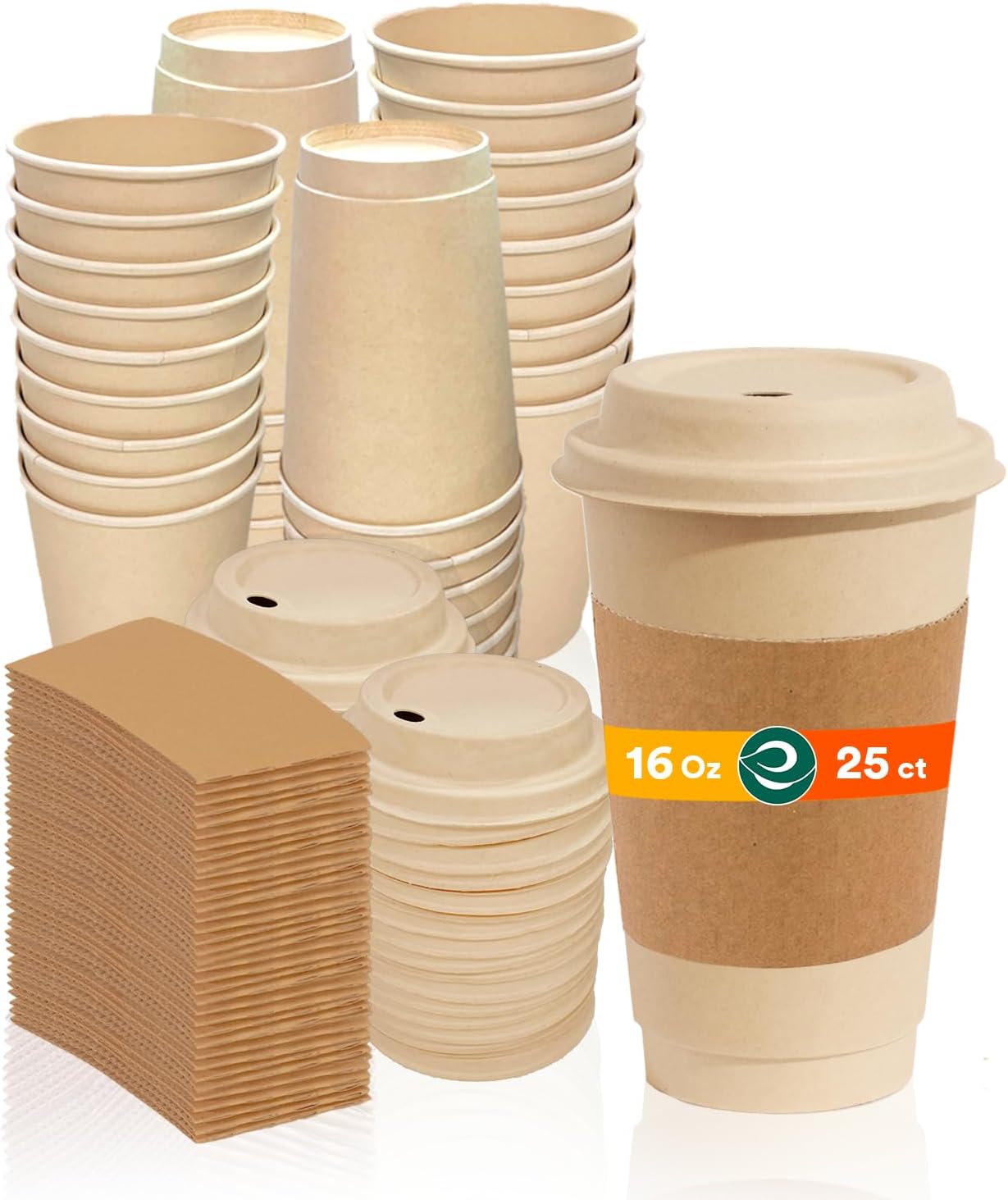 100% Compostable Coffee Cups With Lids & Sleeves - 16Oz (25 Counts) To Go Coffee Disposable Bagasse Cups