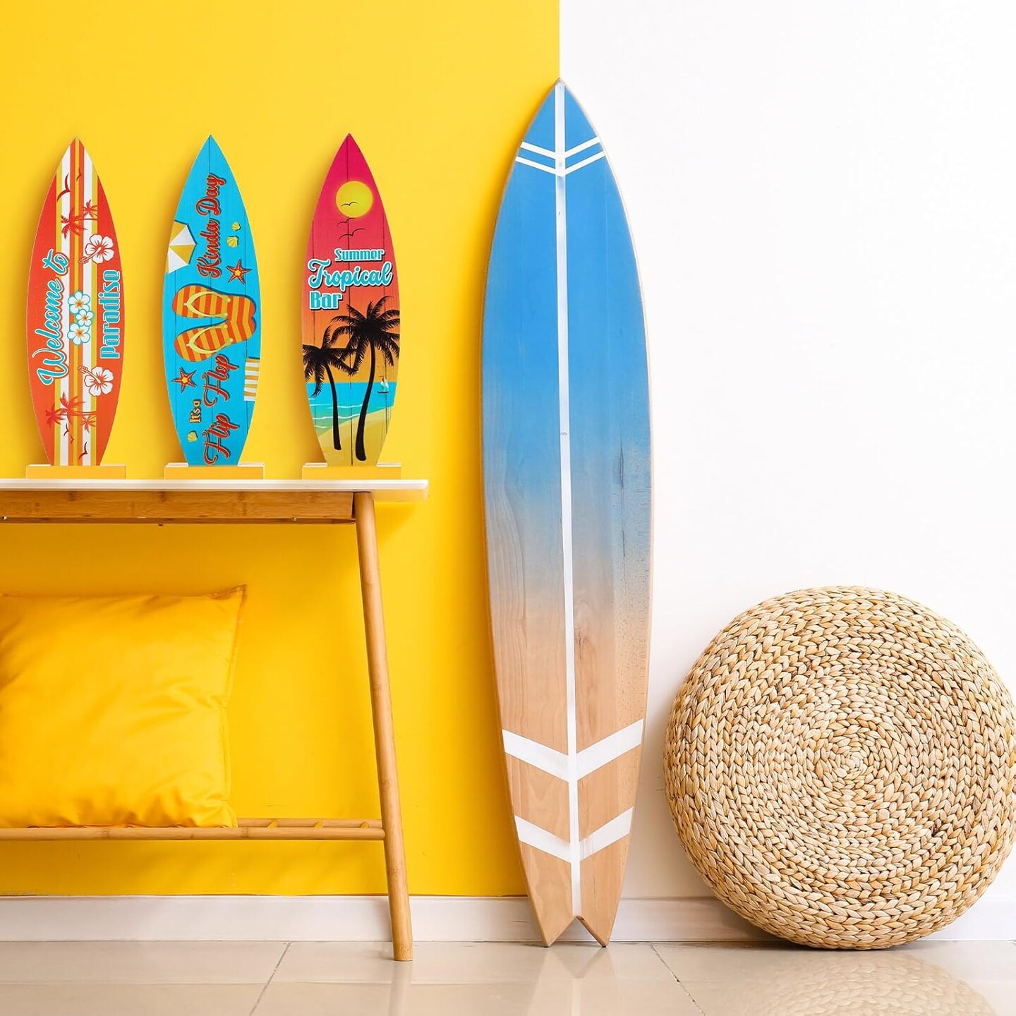 8 Pcs Surfboard Table Centerpieces - 12.6x3.66 Inch Wooden Beach Signs - "Welcome to Paradise" and "Endless Summer" Tropical Tiki Bar Table Decorations for Hawaiian Luau and Surf Theme Party Decor