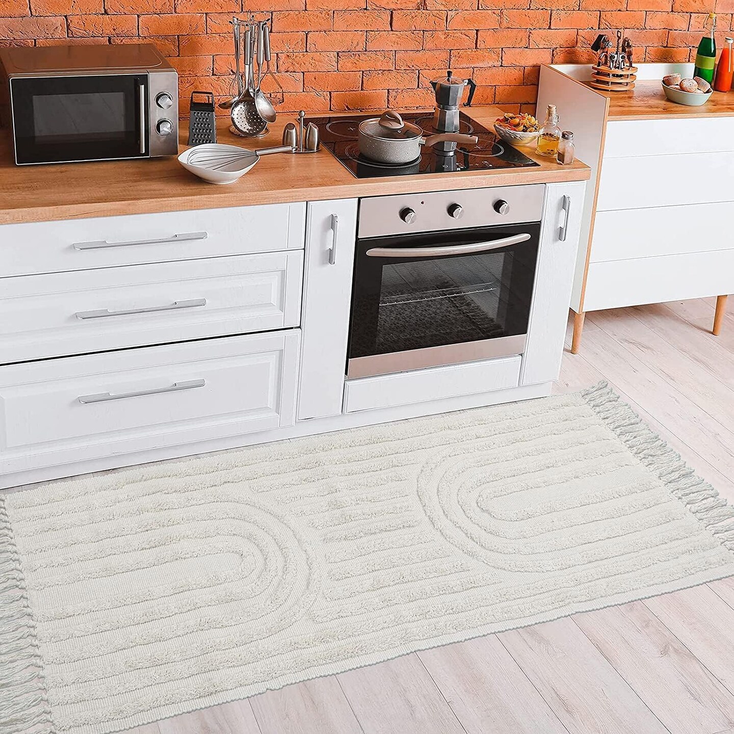 Boho Runner Rug Washable 2&#x27;x5&#x27; Woven Beige Cotton