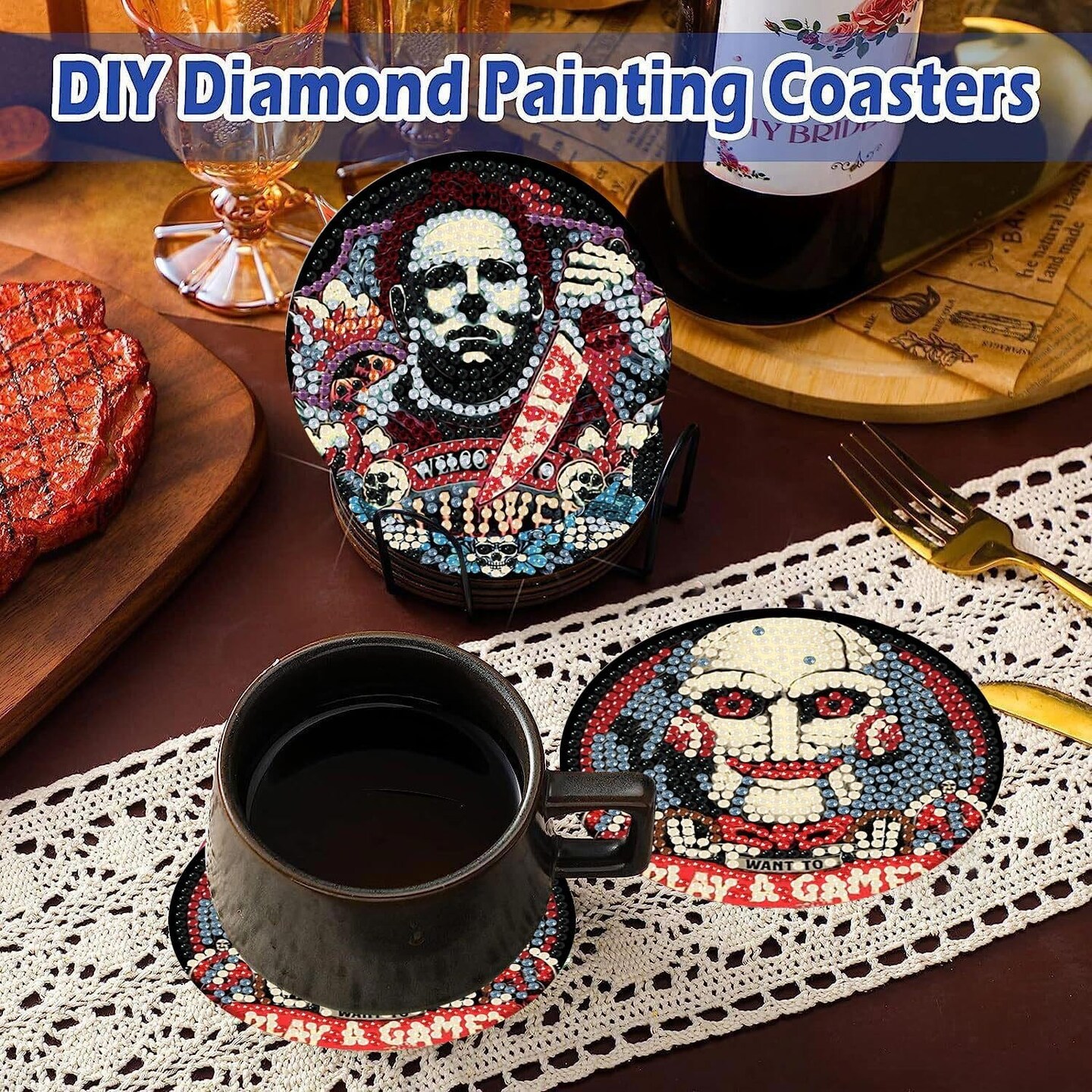 8 Pcs Halloween Diamond Art Coasters Kit for Adults - Round Full Drill Horror Diamond Painting Coasters Set with Holder