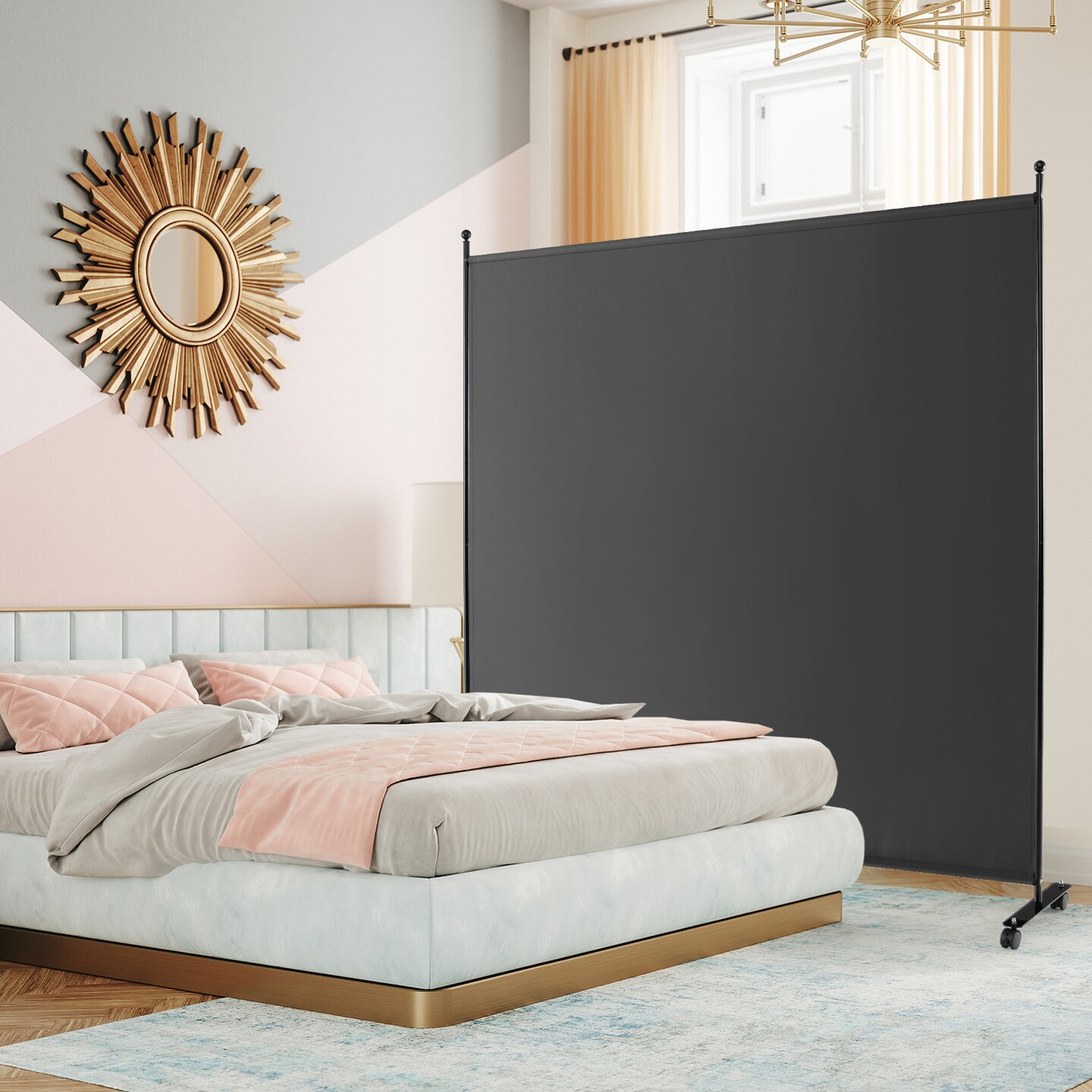 6 Feet Dark Grey Portable Privacy Screen Room Divider with Durable Metal Frame and Lockable Universal Wheels