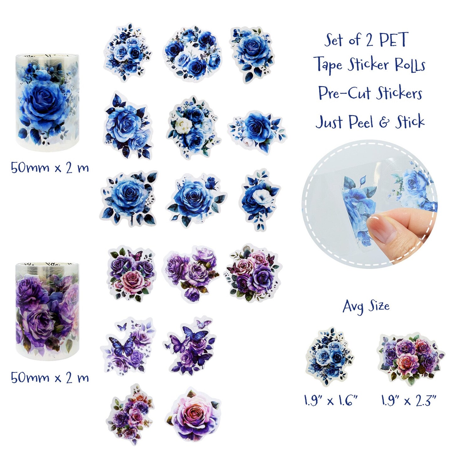 Wrapables Romantic Floral PET Tape, Pre-Cut Stickers for Scrapbooking, Stationery, Journaling, Diary, Card Making (Set of 2), Lavender and Blue