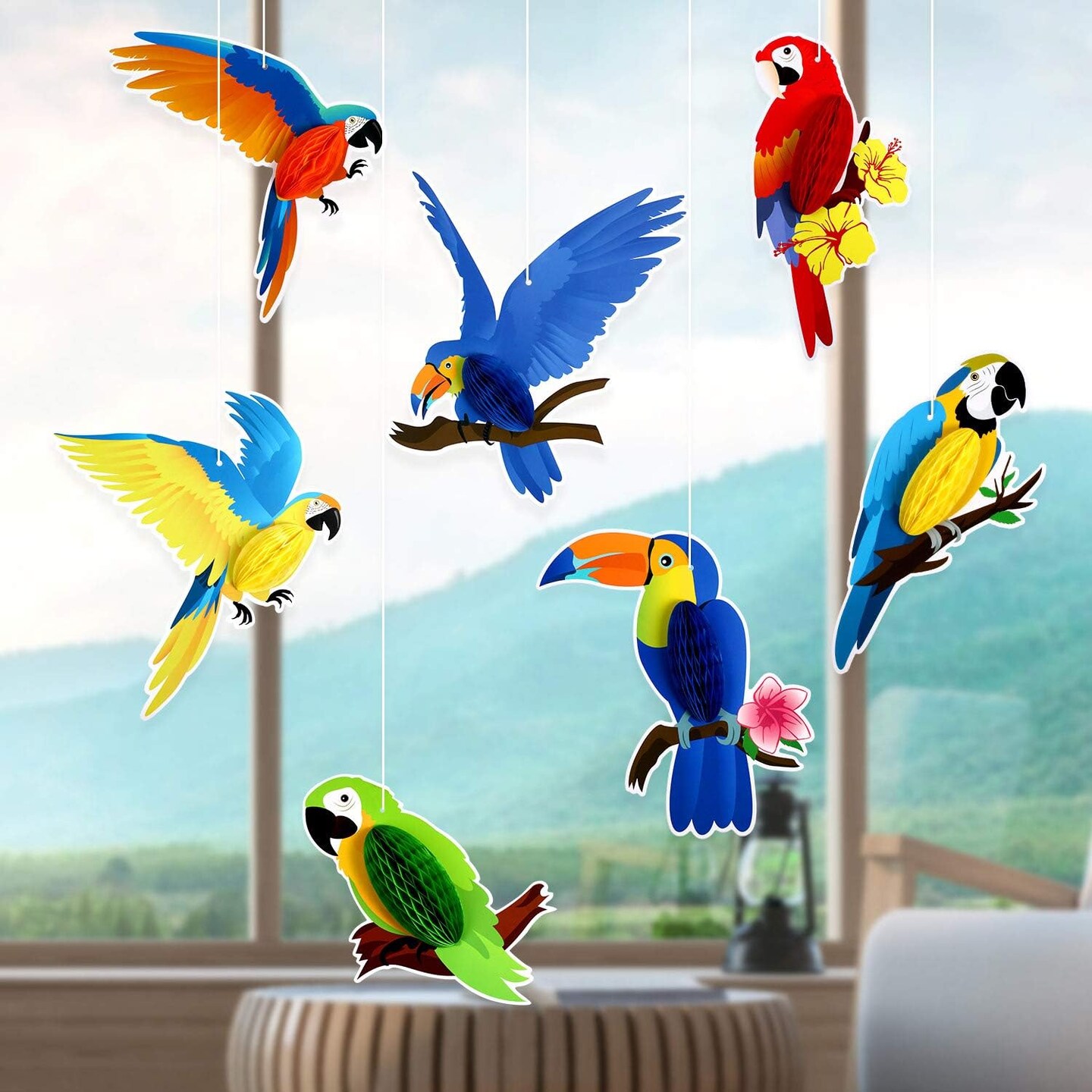 10 Pieces Tropical Birds Honeycomb Paper Cutouts, Parrot Honeycomb, Hawaiian Summer Beach Luau Party Hanging Decorations for Tiki Bar Home Classroom Supplies