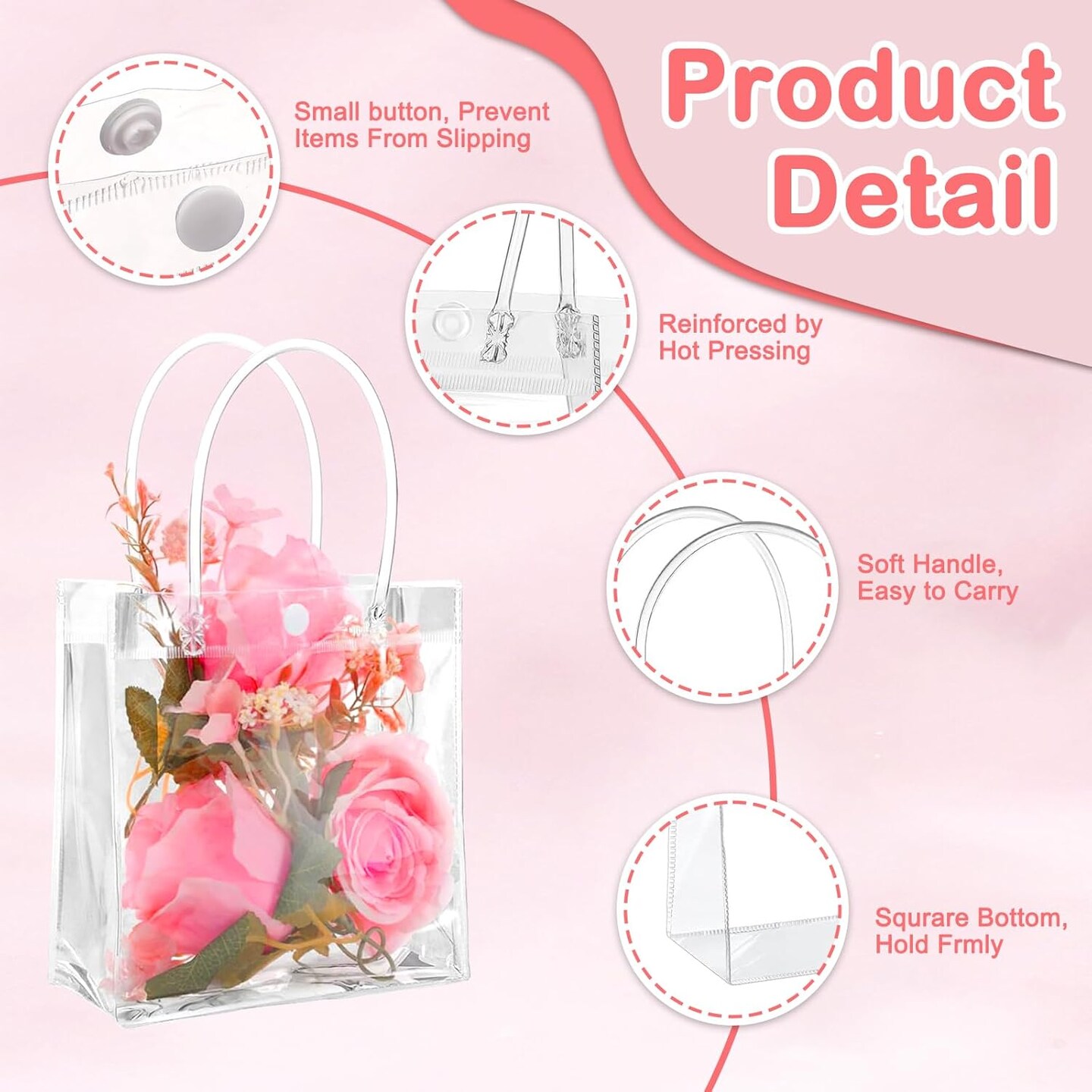 50 Pcs Clear Gift Bags with Handles - Transparent Reusable Tote Bags for Mother&#x27;s Day, Boutique, Wedding, Birthday, Baby Shower Party (5.1 x 5.9 x 2.7 Inch)
