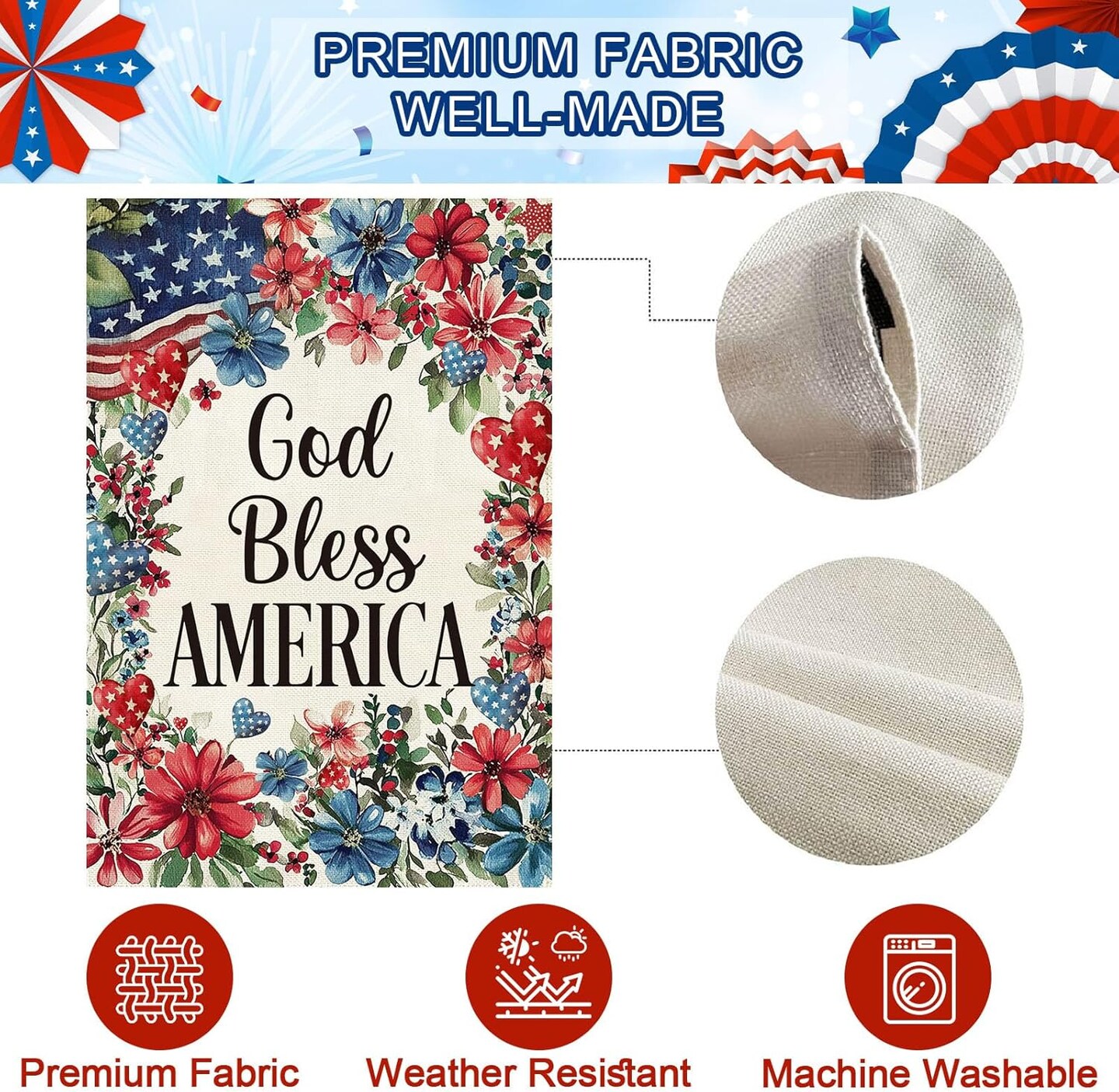 4th of July Patriotic Garden Flag 12.5 x 18 Inch Double Sided Burlap God Bless America Floral Memorial Day Small Yard Flag Summer Holiday Seasonal Farmhouse Outdoor Outside Decoration