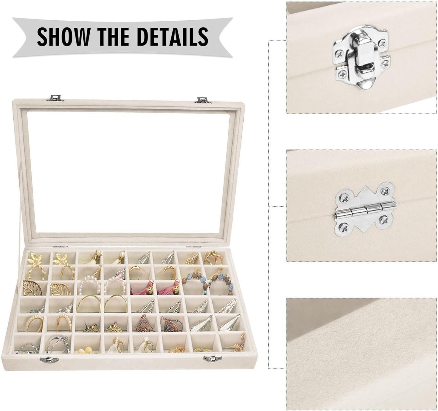 Velvet Jewelry Tray 48 Grid Jewelry Display Tray Organizer Box with Transparent Lid Rings Earrings Necklaces Pendants Display Box Suitable for Women and Girls (Beige)