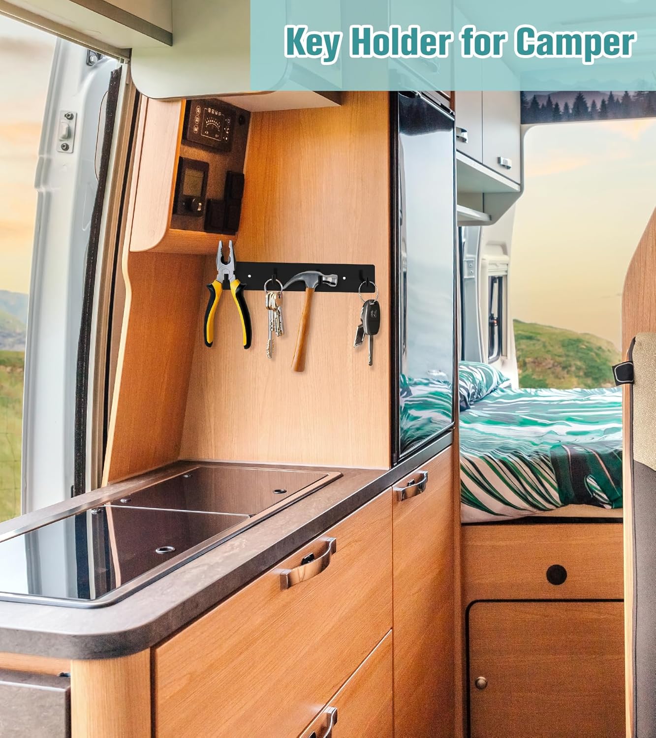 Key Holder Wall Mount, Large Metal Self Adhesive Key Rack with 4 Hooks, 2 Installation Options, Black