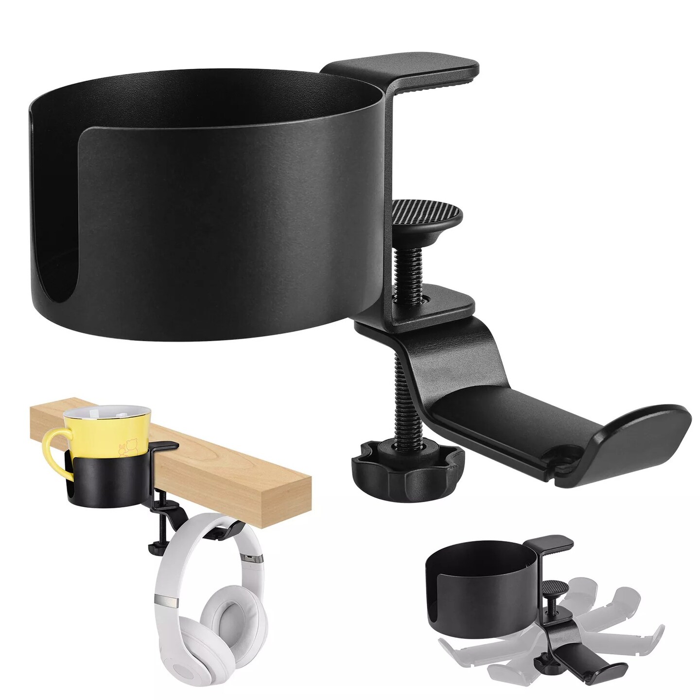 2-In-1 Desk Cup Holder Anti-spill Cup Holder 360&#xB0; Rotating Headphone Hanger Desk