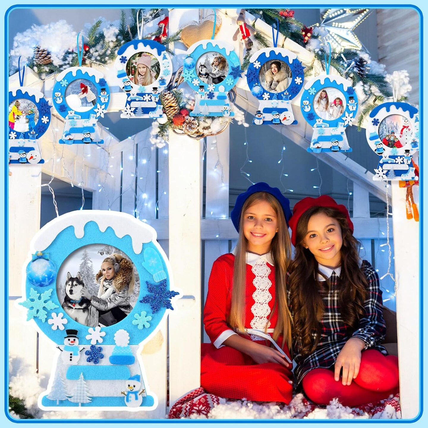 232 Pieces Winter DIY Picture Frames Craft Kit 32 Pieces Snow Photo Frames with 200 Stickers to Decorate for Xmas Winter Party Favor Classroom Home(Vivid Color,Fun Style)