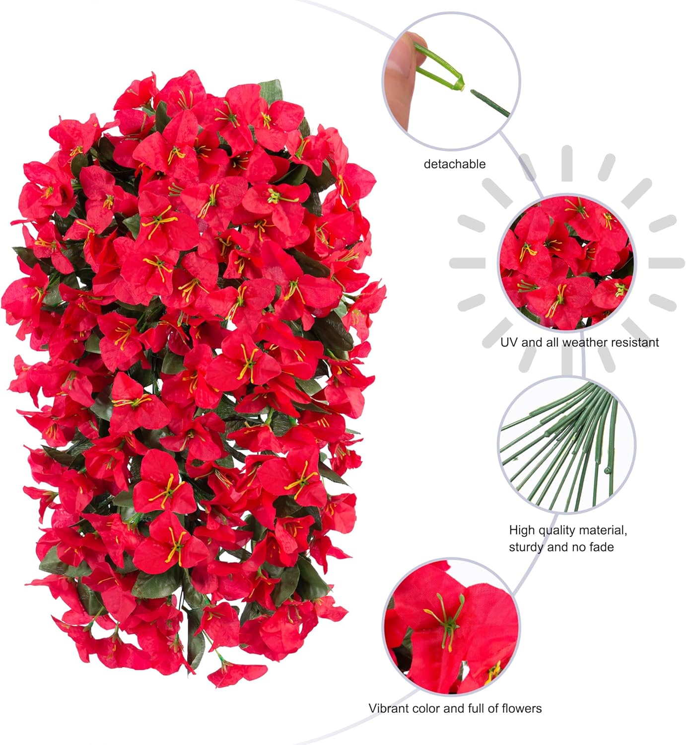 Artificial Faux Bougainvillea Flowers Plants for Outdoor Outside Summer Decoration, 2 PCS Fake Silk UV Resistant Look Real Long Trailing Vines for Front Door Porch Planter Urn Patio Balcony, Red