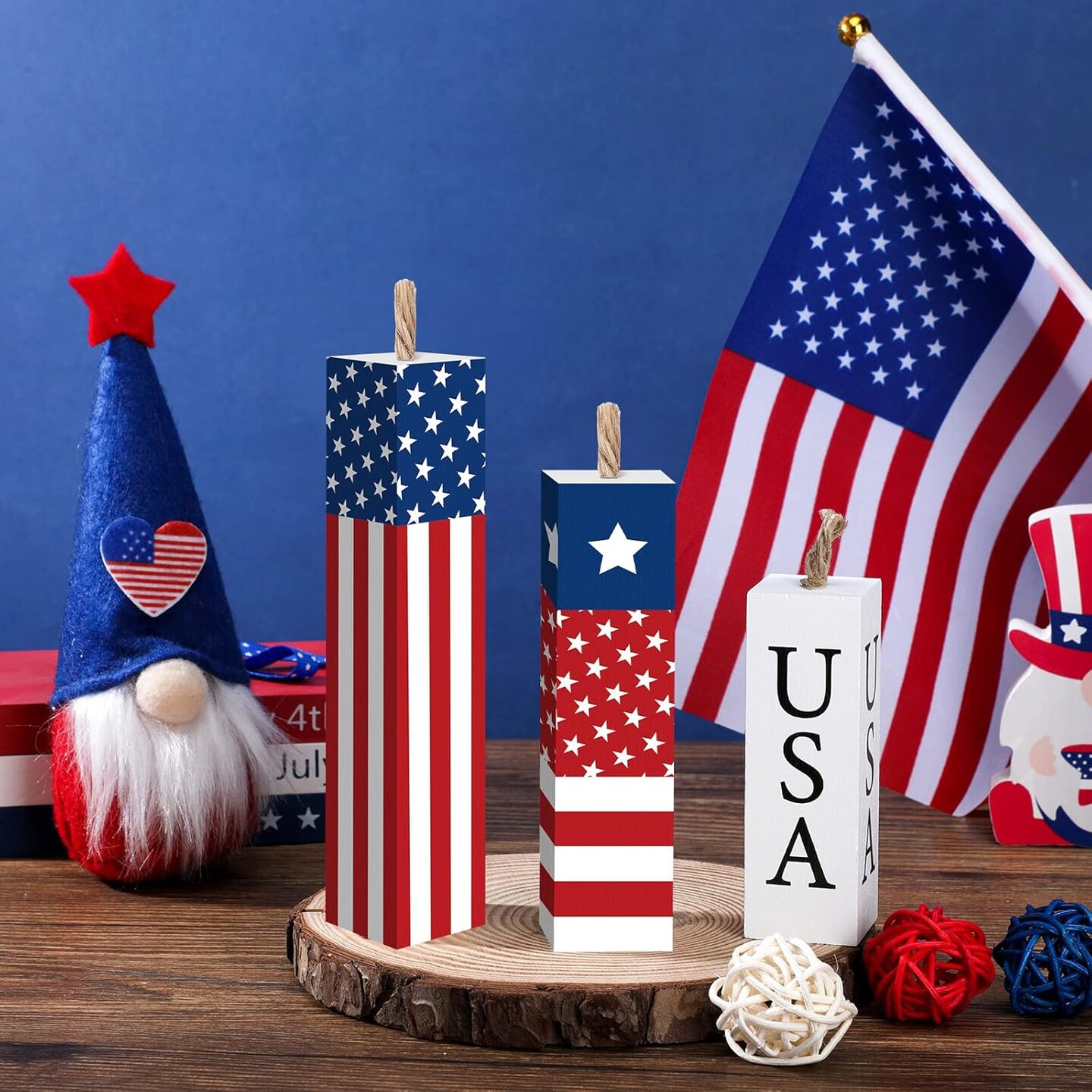 3 Pcs 4th of July Wooden Table Decorations Patriotic Table Centerpieces Independence Day Wood Firework Fourth of July Table Signs for Home Farmhouse Decor(Star)