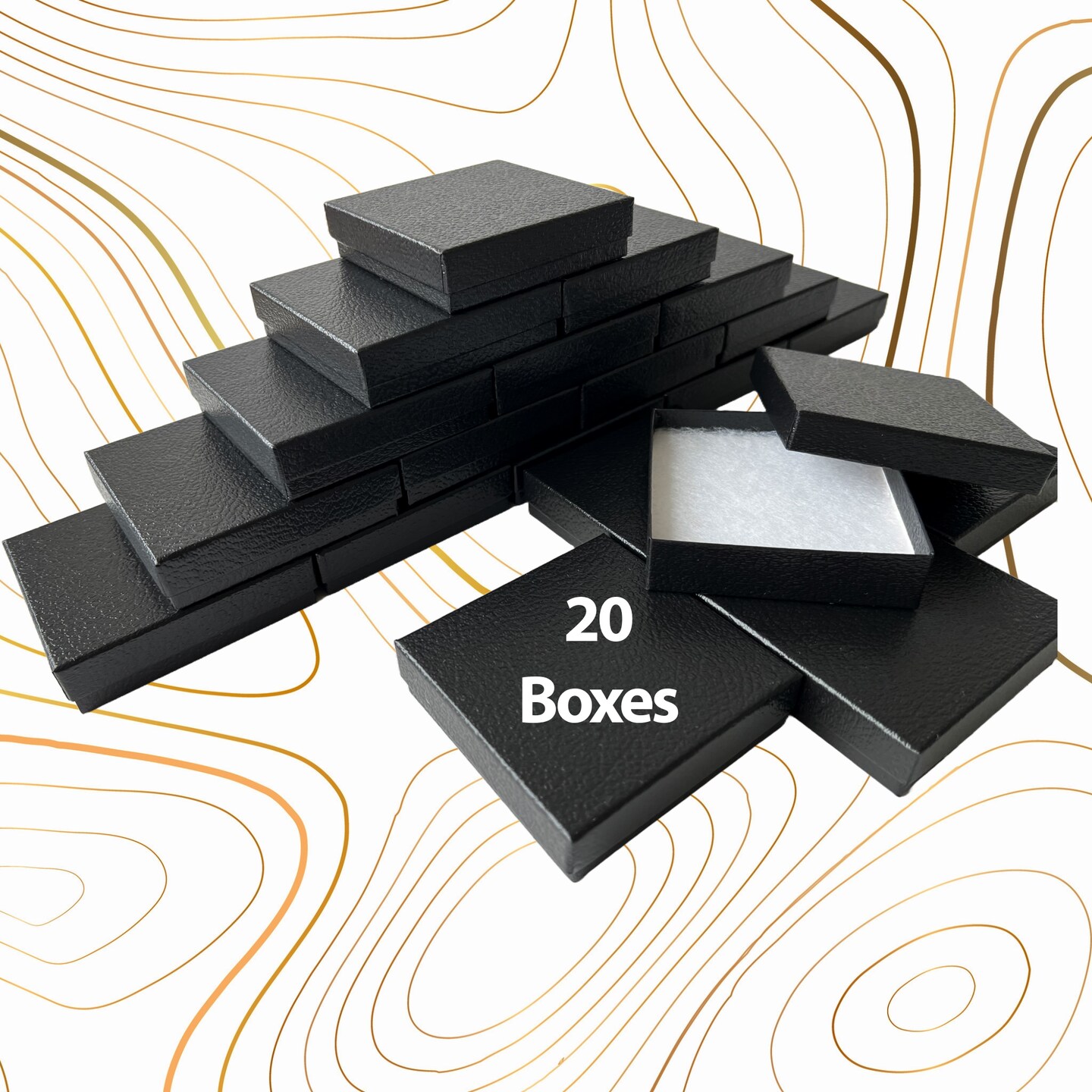 MADE IN USA - 20 Boxes - Black Embossed Jewelry Boxes with Cotton Filling - 3.5&#x22;x3.5&#x22;x7/8&#x22;