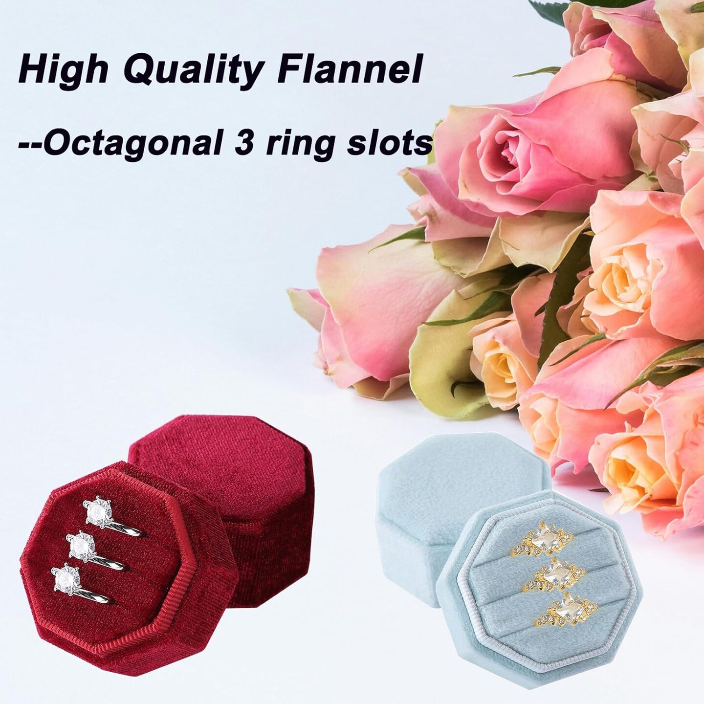 Velvet Ring Box, Jewelry Storage 3 Slots Jewelry Ring Gift Box Octagon Velvet Ring Case Box Organize Ring Holder Box