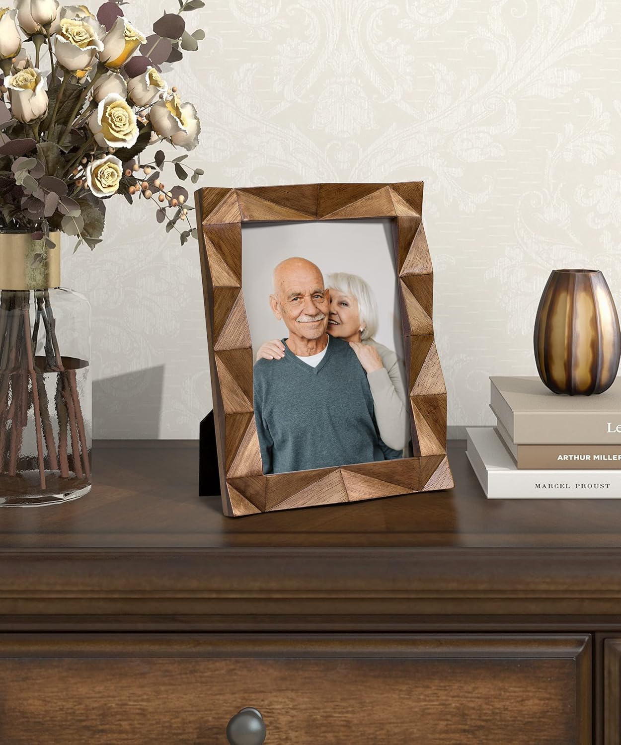 5x7 Picture Frame, Wooden Farmhouse Photo Frame Handmade Carved Design with Rustic Walnut-colored Finish, Mothers Day Gifts, Gifts for Mom Dad Grandma Women Friends Family