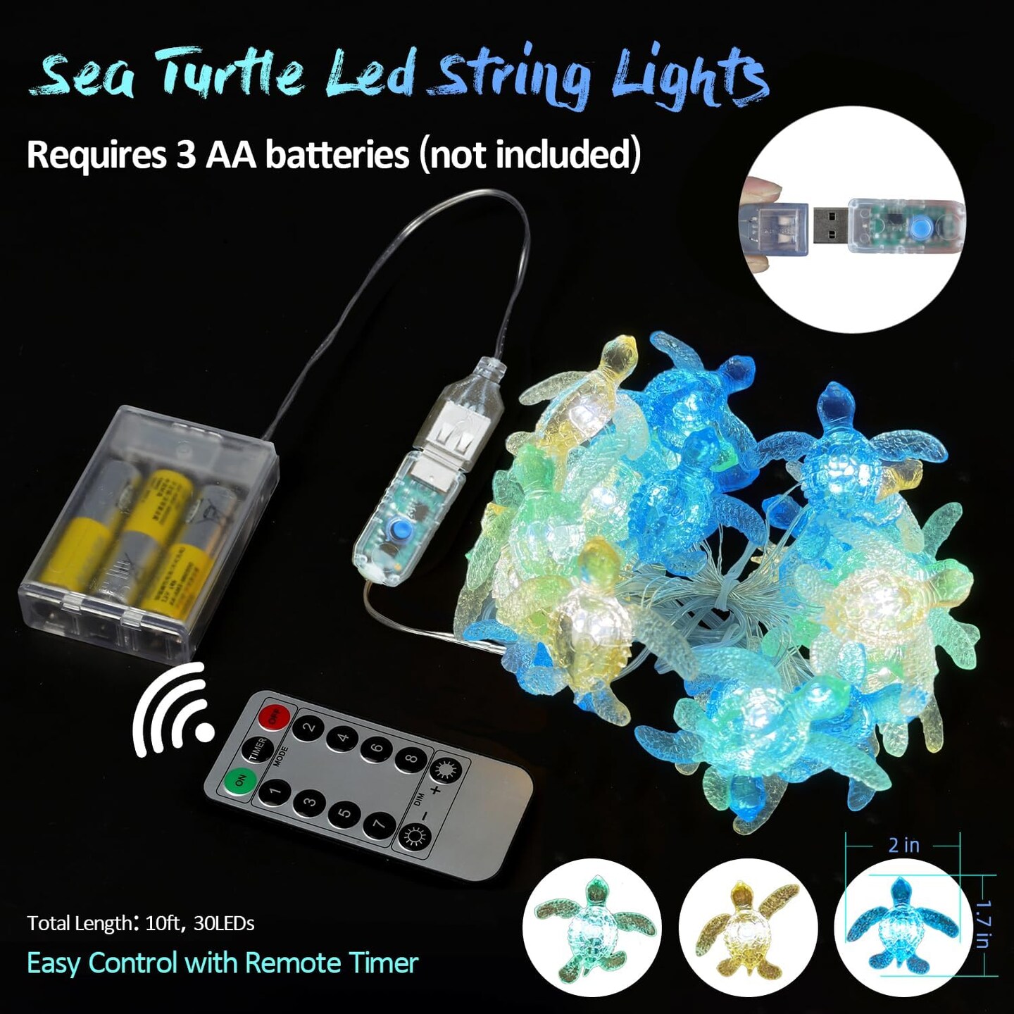 Sea Turtle Decorative Lights- Ocean Themed String Lights -10ft 30 LEDs-USB Plug-in -Battery Pack - Remote Control -Baby Shower- Bathroom- Christmas -Beach-Party Decor
