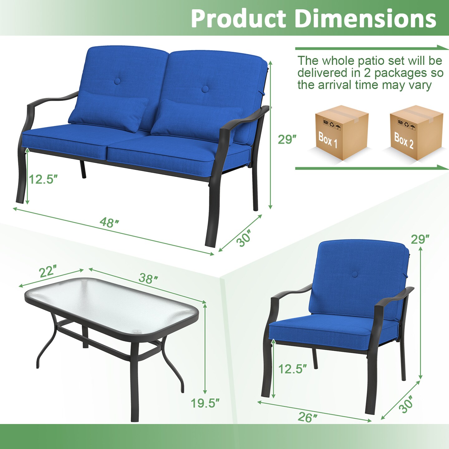 4-Piece Outdoor Patio Metal Furniture Set Loveseat Single Chair & Tempered Glass Coffee Table with Cushions