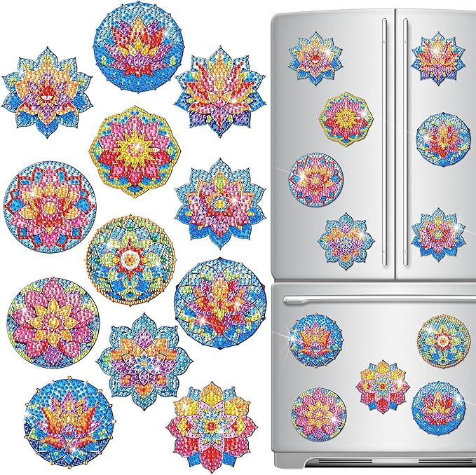 12 Pcs Refrigerator Diamond Painting Magnets Easy Diamond Art Painting Magnetic Stickers Kits Fridge Magnets for Adults DIY Home Decors(Lotus Mandala)