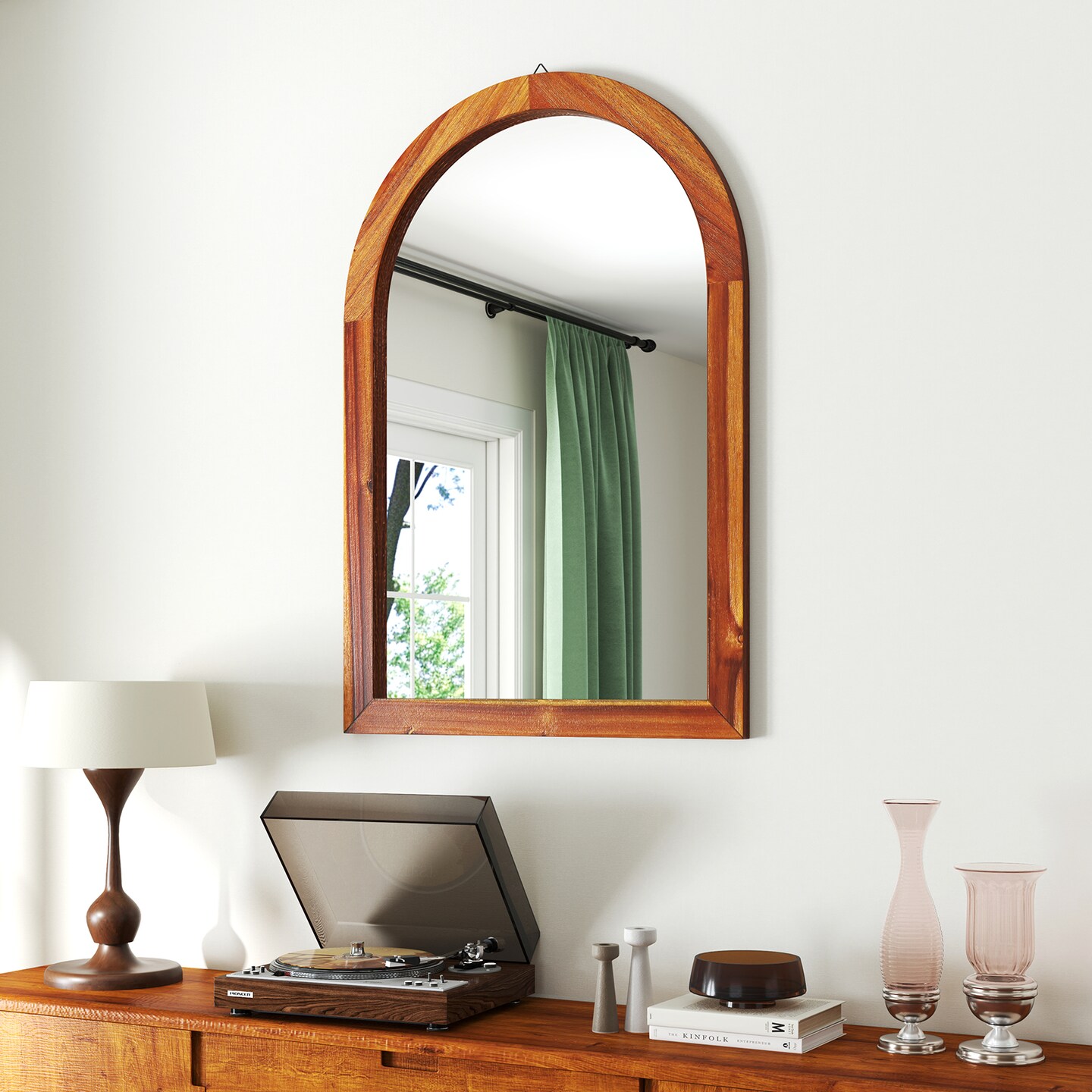24&#x22;x35&#x22; Arched Brown Wood Wall Mirror with Shatterproof Glass for Bedroom Entryway or Bathroom