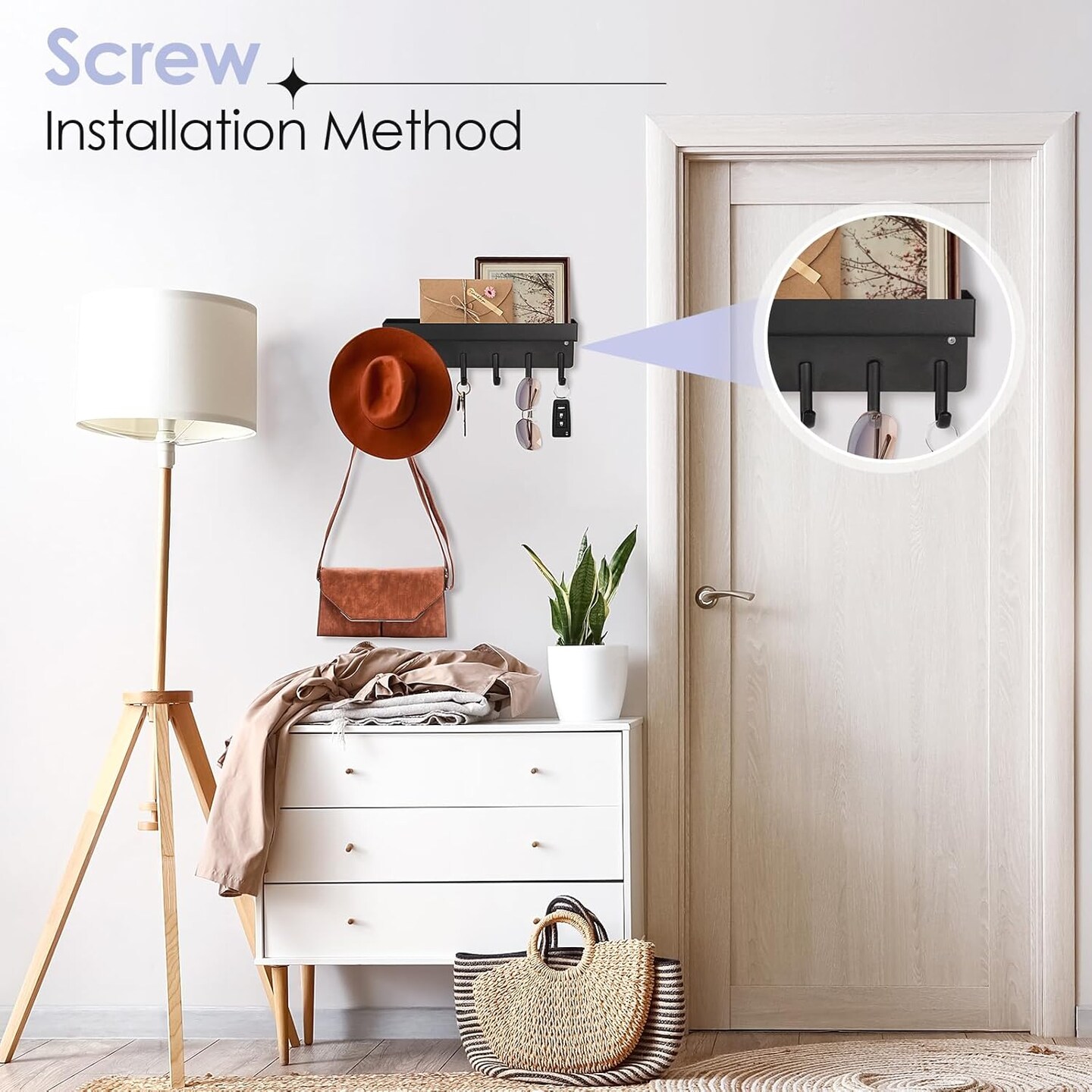 Key Holder Wall Mount, Compact Adhesive Key Rack with Tray, 6 Hooks, 2 Mount Options, Black