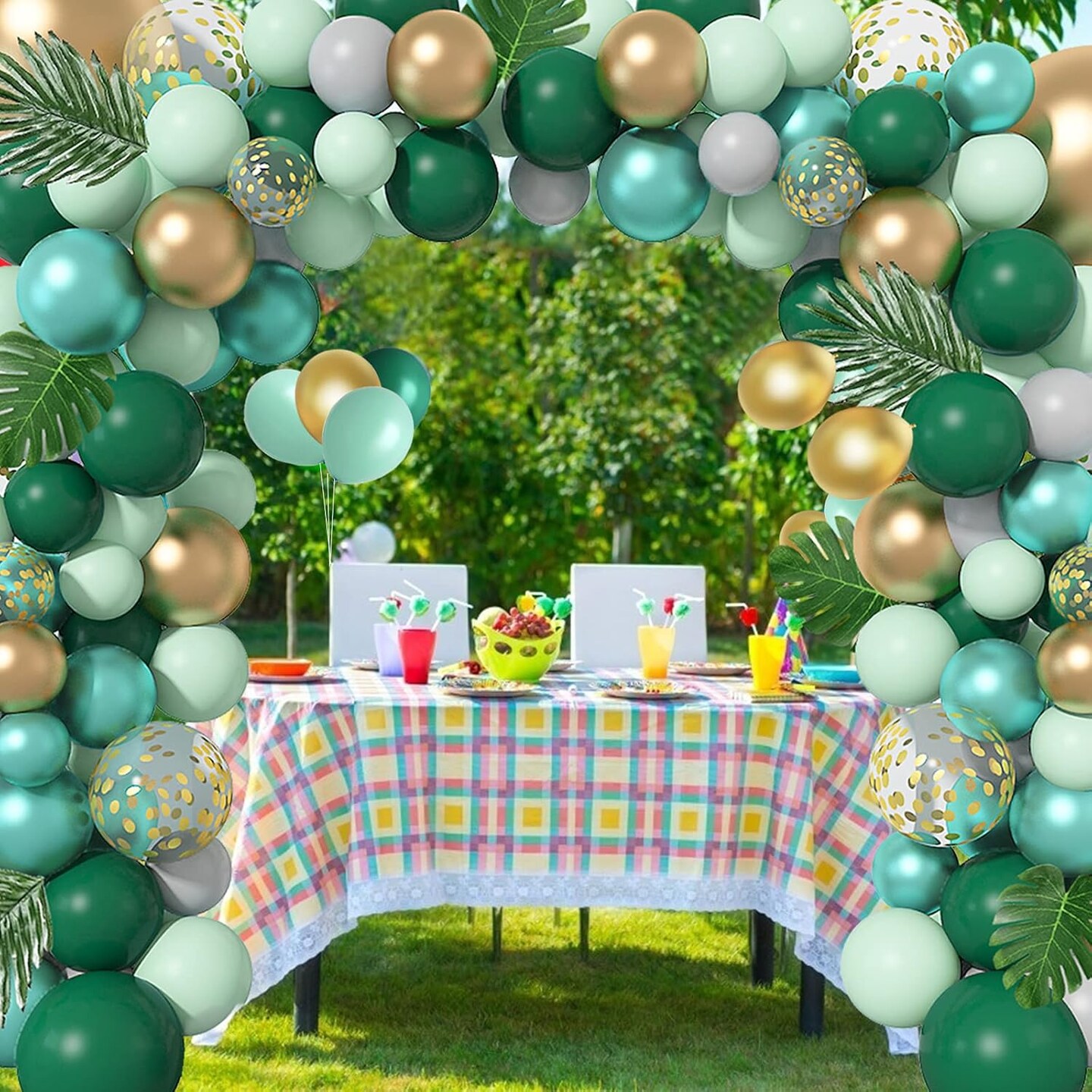 Jungle Safari Party Balloons Arch Garland Kit, 139Pcs Metallic Gold Green Confetti Balloons with Tropical Palm Leaves for Animal Wild One Birthday Dinosaur Party Safari Baby Shower for Boys Supplies