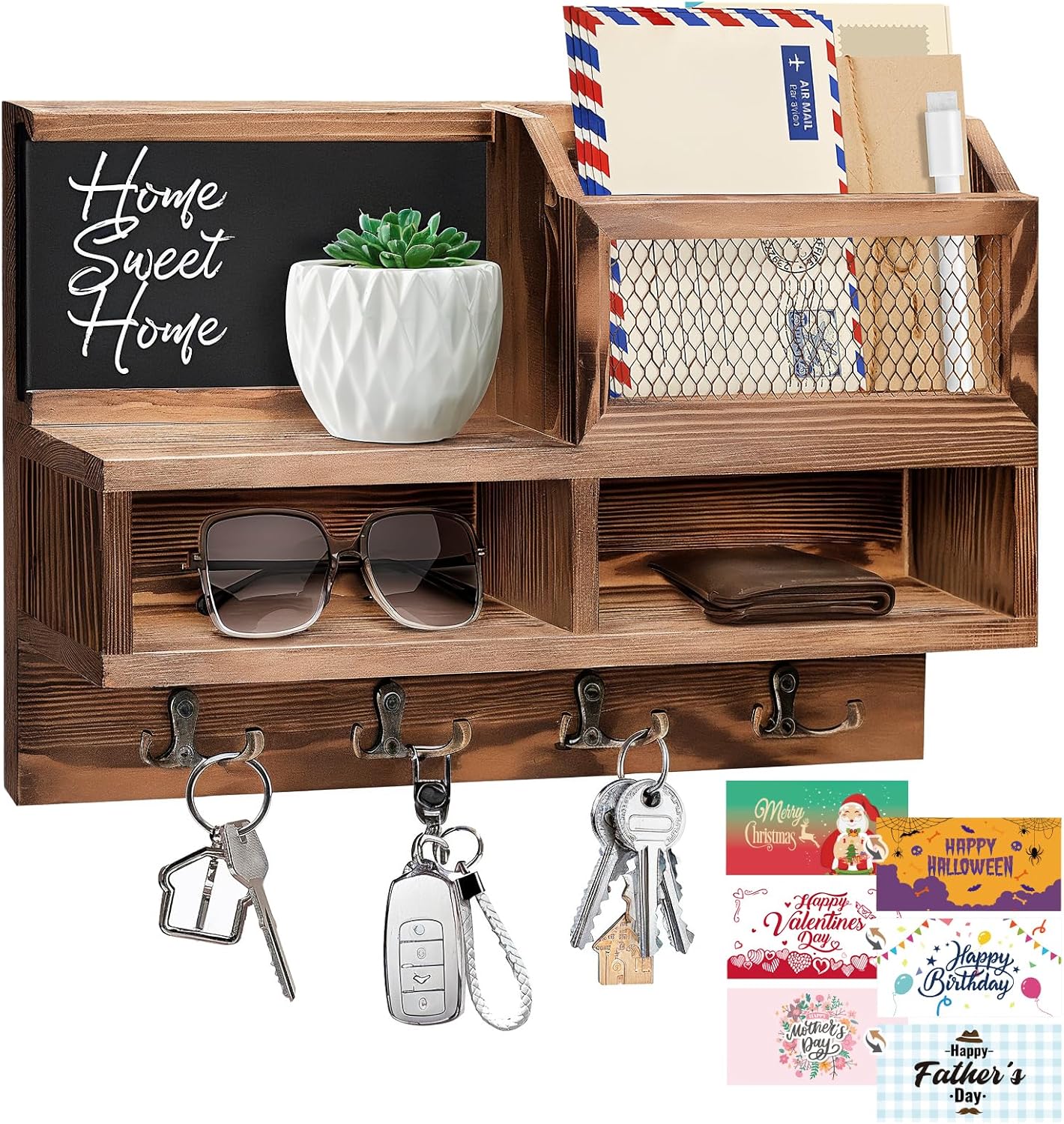 Key Holder Wall Mount, Wooden Mail and Key Organizer with Chalkboard and Mirror, 3 Greeting Cards, 8 Hooks, Brown, Type 1