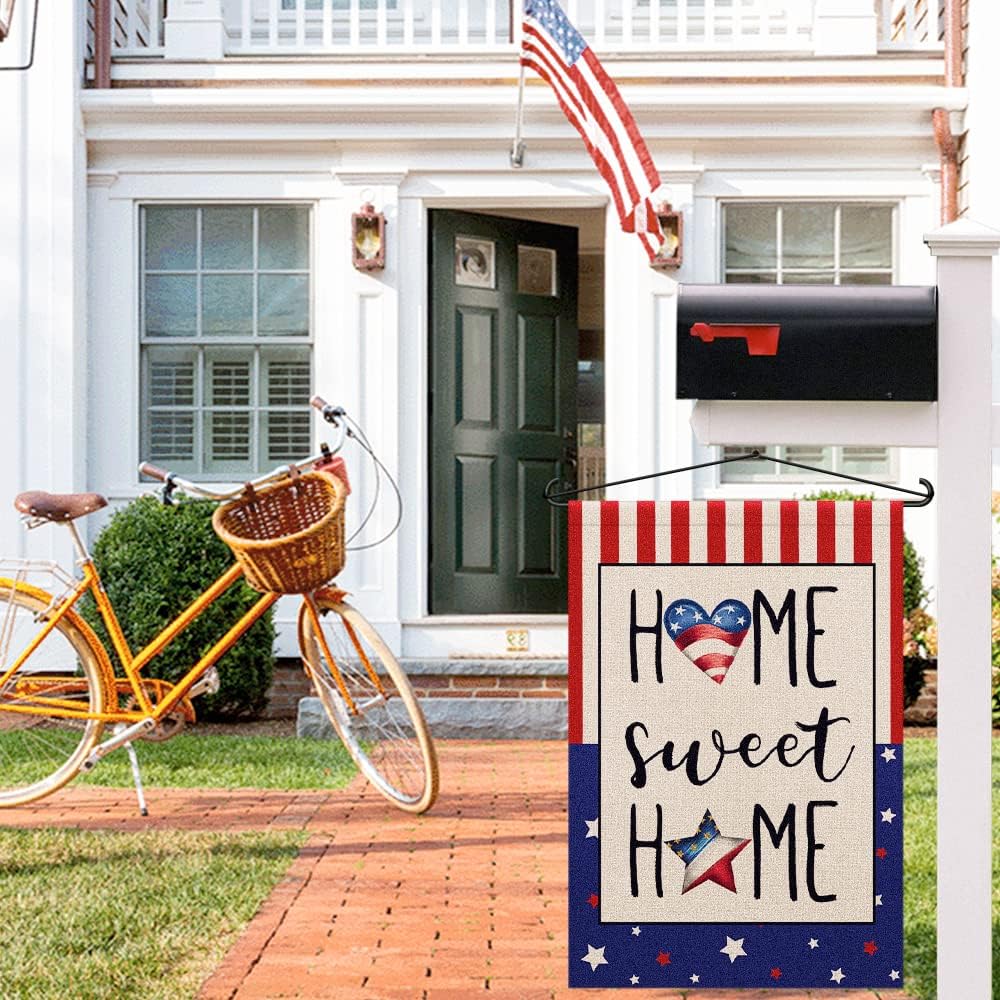 4th of July Garden Flag Home Sweet Home 12x18 Inch Double Sided Burlap, Star and Strip Patriotic American Flag Independence Day Memorial Day Yard Outdoor Decor DF305