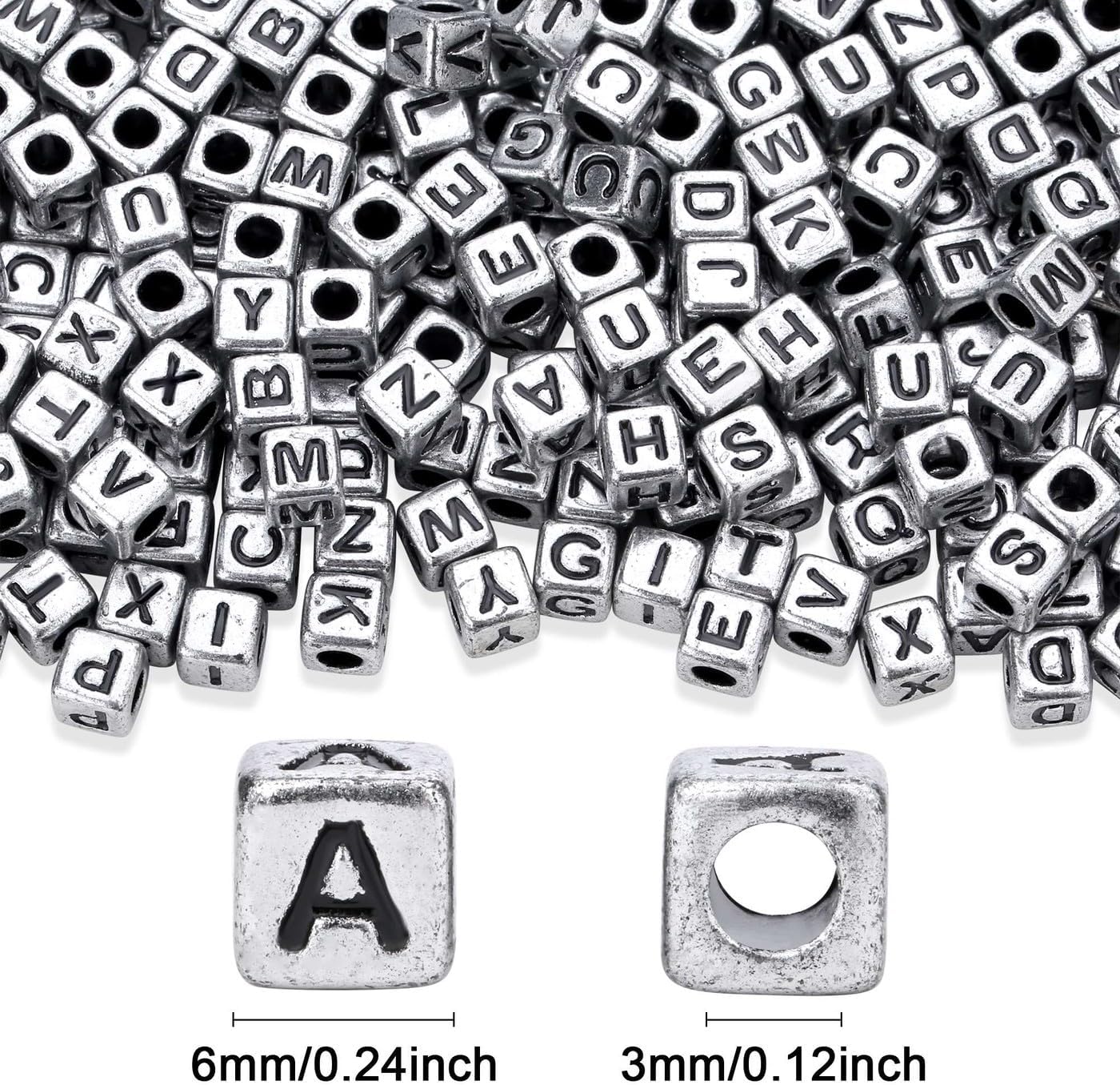 1500 PCS Silver Cube Letter Beads &#x2013; 6&#xD7;6mm Black Alphabet Beads for Bracelets, Necklaces &#x26; DIY Jewelry