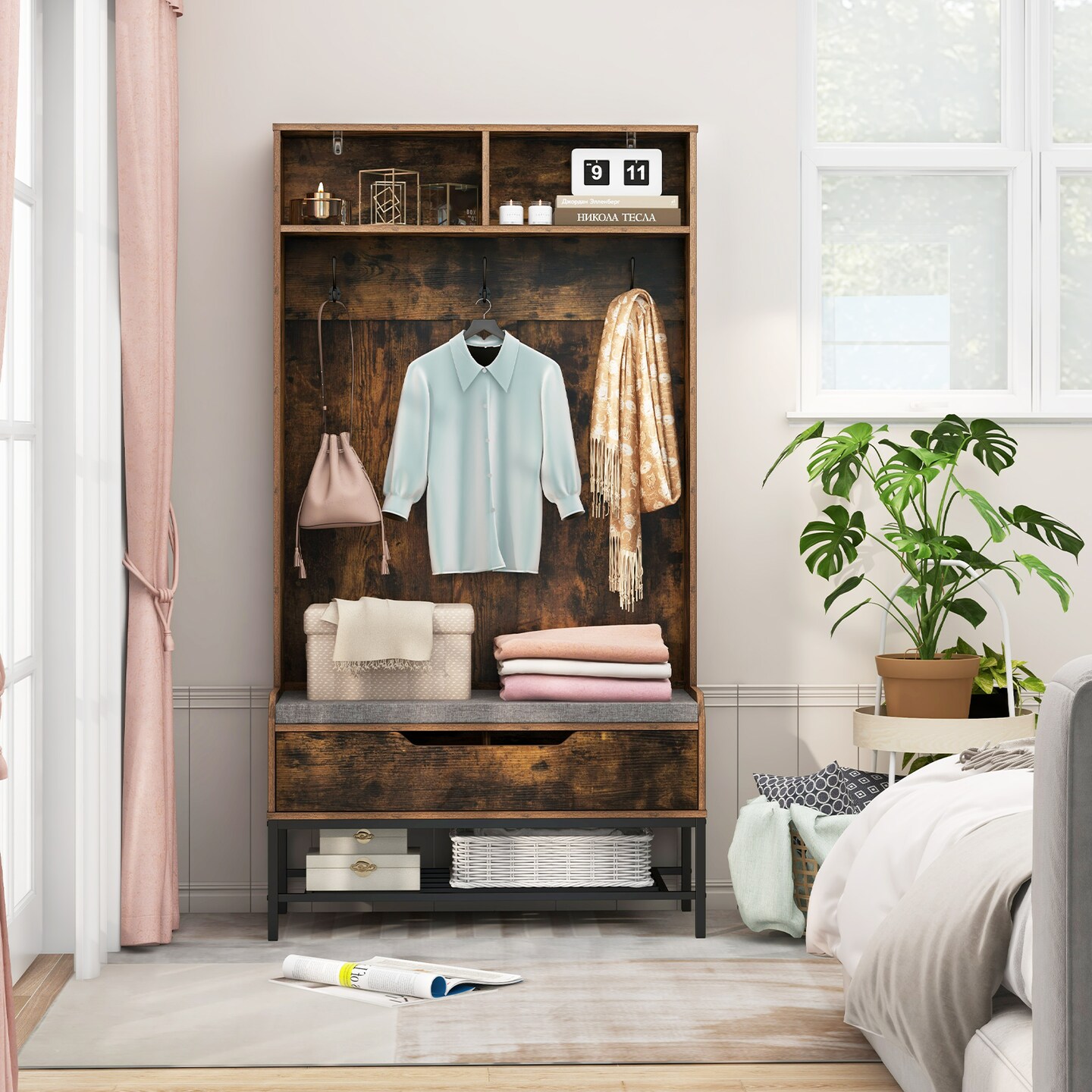 69-Inch Tall Hall Tree with Hooks, Storage Shelf, and Shoe Rack for Entryway