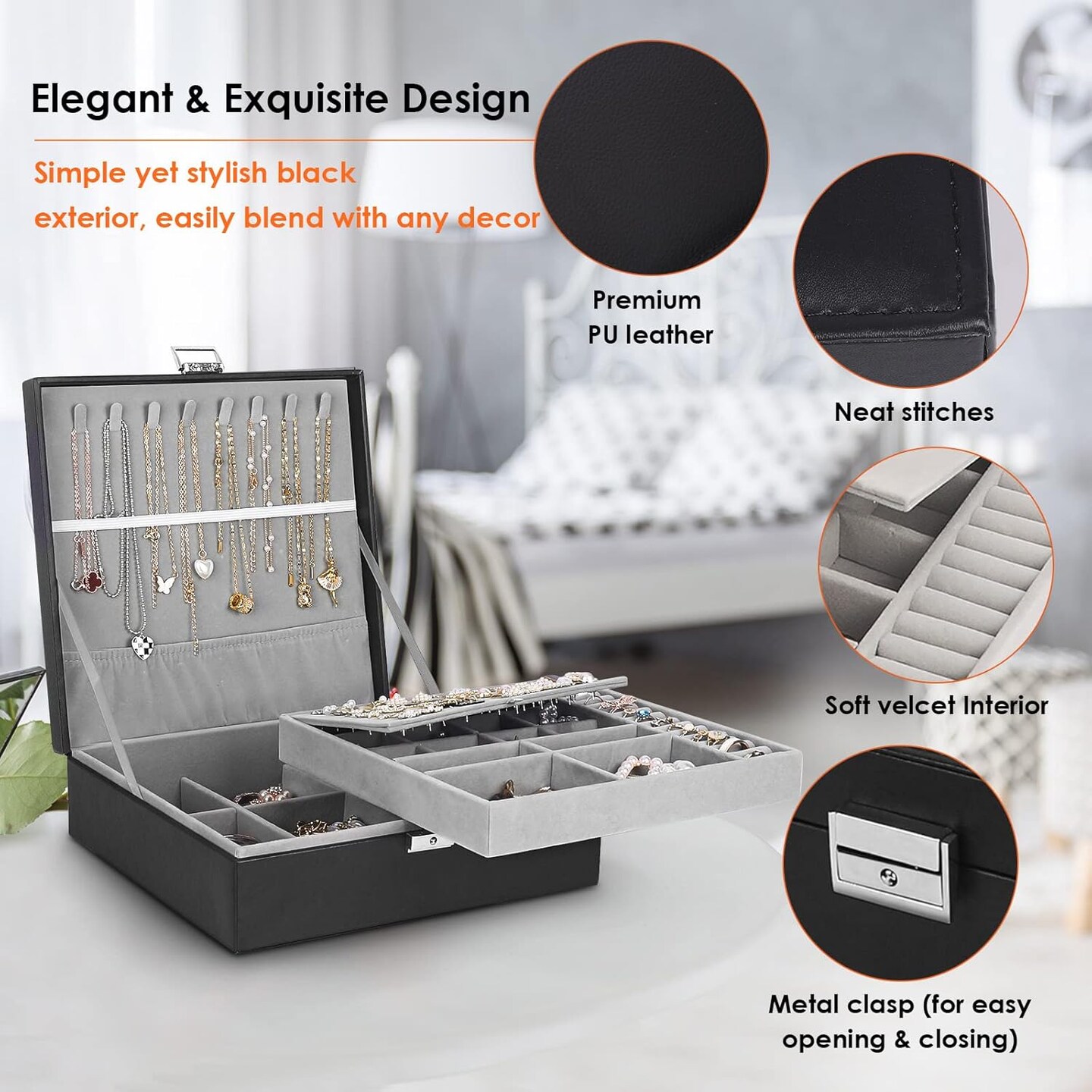 Jewelry Box, Jewelry Boxes for Women &#x26; Men with PU Leather, 2 Layer Large Jewelry Organizer Storage Case with Lock, for Necklace Bracelets Earrings Rings, Jewelry Organizer Box Ideal Gift, Black