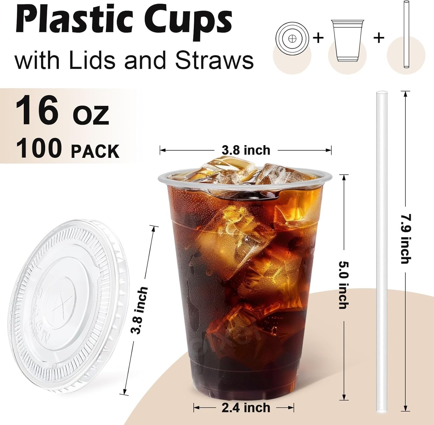 100 Pack 16 oz Clear Plastic Cups with Lids and Straws, Disposable Plastic Coffee Cups with Lids for Iced Coffee, Cold Beverages, Smoothies and To-Go Drinks