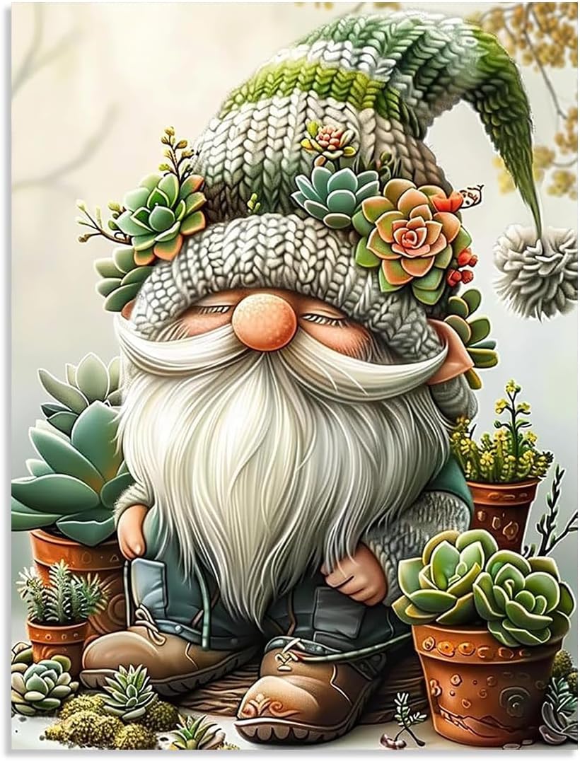 Stamped Cross Stitch Kits for Adults - Gnome Succulent Embroidery Kits for Beginners Adults