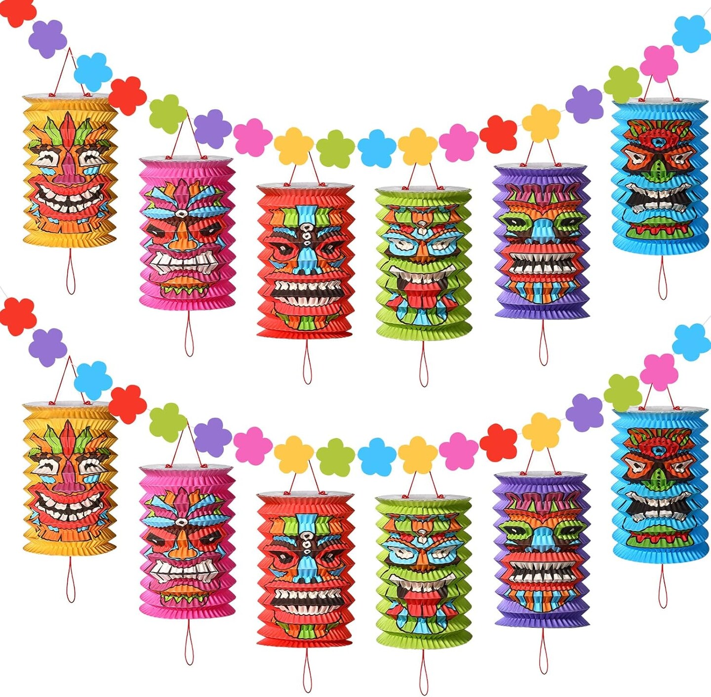 Tiki and Flowers Lanterns Banners Hawaiian Party Decorations Tiki Luau Tropical Decor Summer Garland Lanterns Aloha Hanging Decoration for Bars Festival Home Birthday Outdoor(2 Pcs)