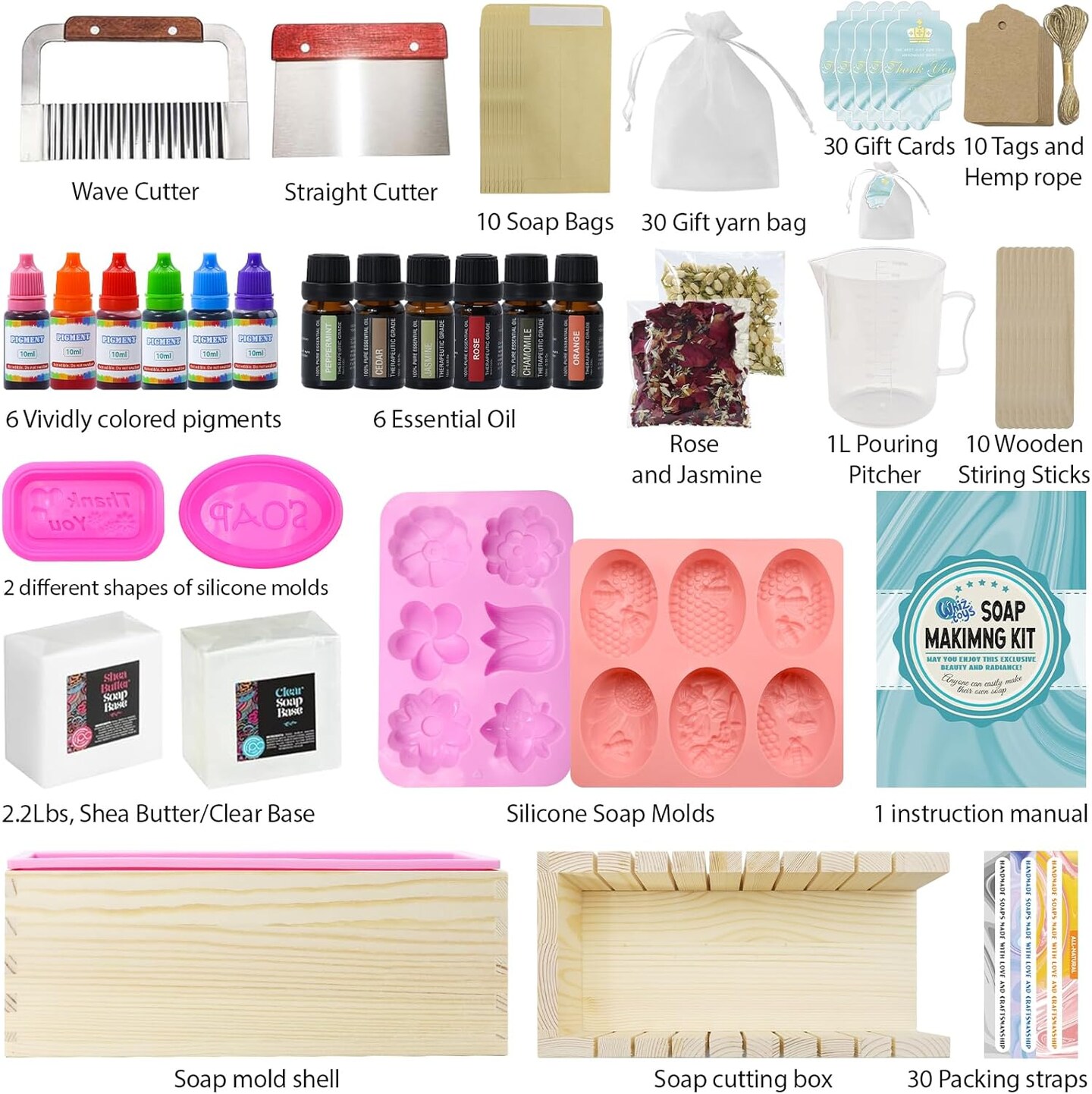Soap Making Kit Supplies, Crafts Kits for Adults and Kids, DIY Beginners Kit Containing Silicone Mold, Soap Cutter and Shea Butter Base, Fragrances and Gift Cards