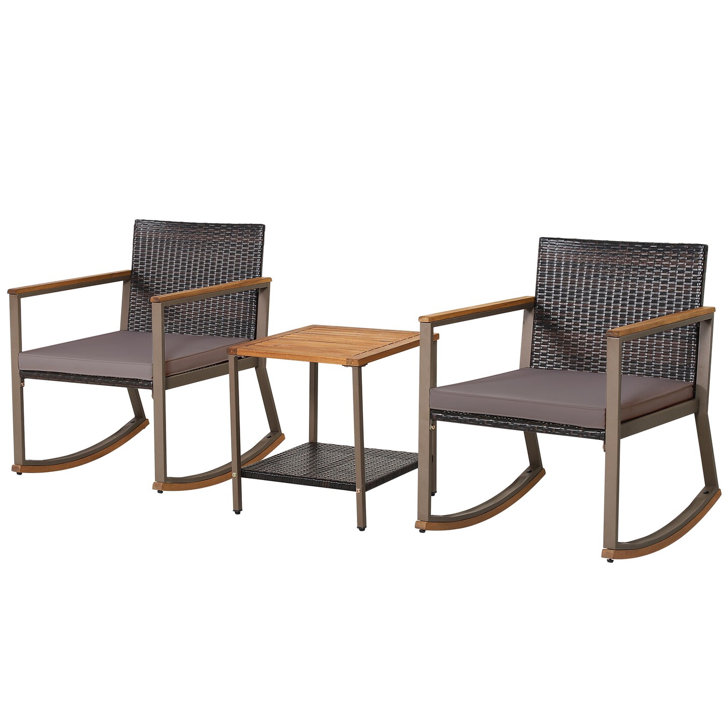 Outdoor Rocking Chair Set with Cushions and Two Tier Coffee Table