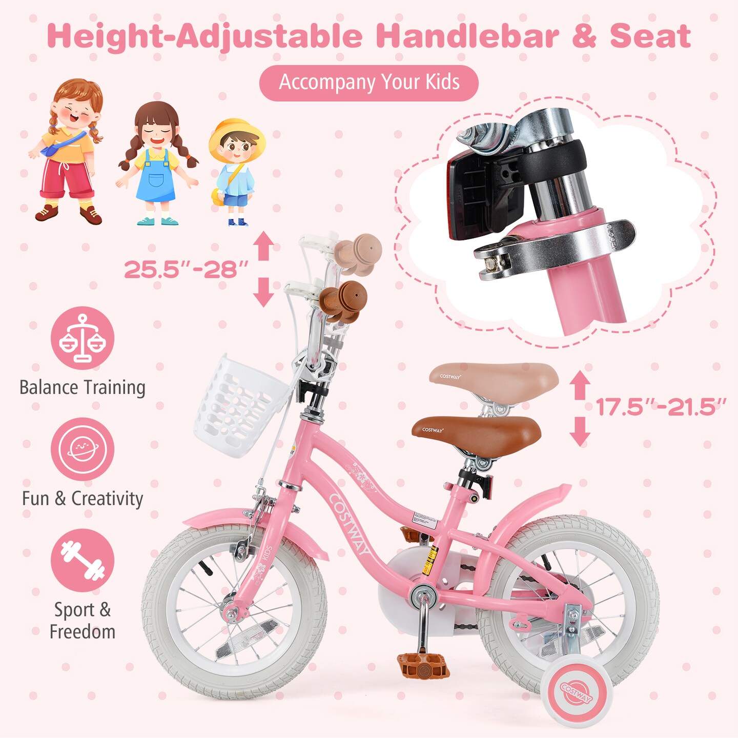 Adjustable Kids Bike with Basket Training Wheels for Boys and Girls