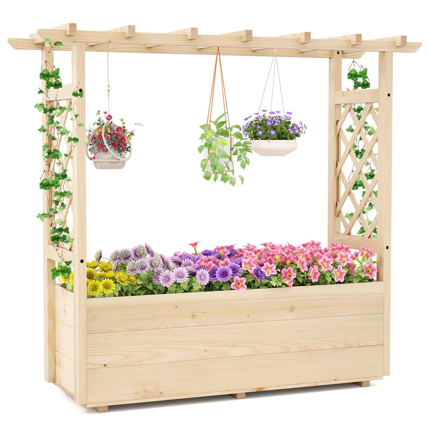 Natural Pine Wood Raised Garden Bed Planter Box with Roof for Climbing Plants for Outdoor Use