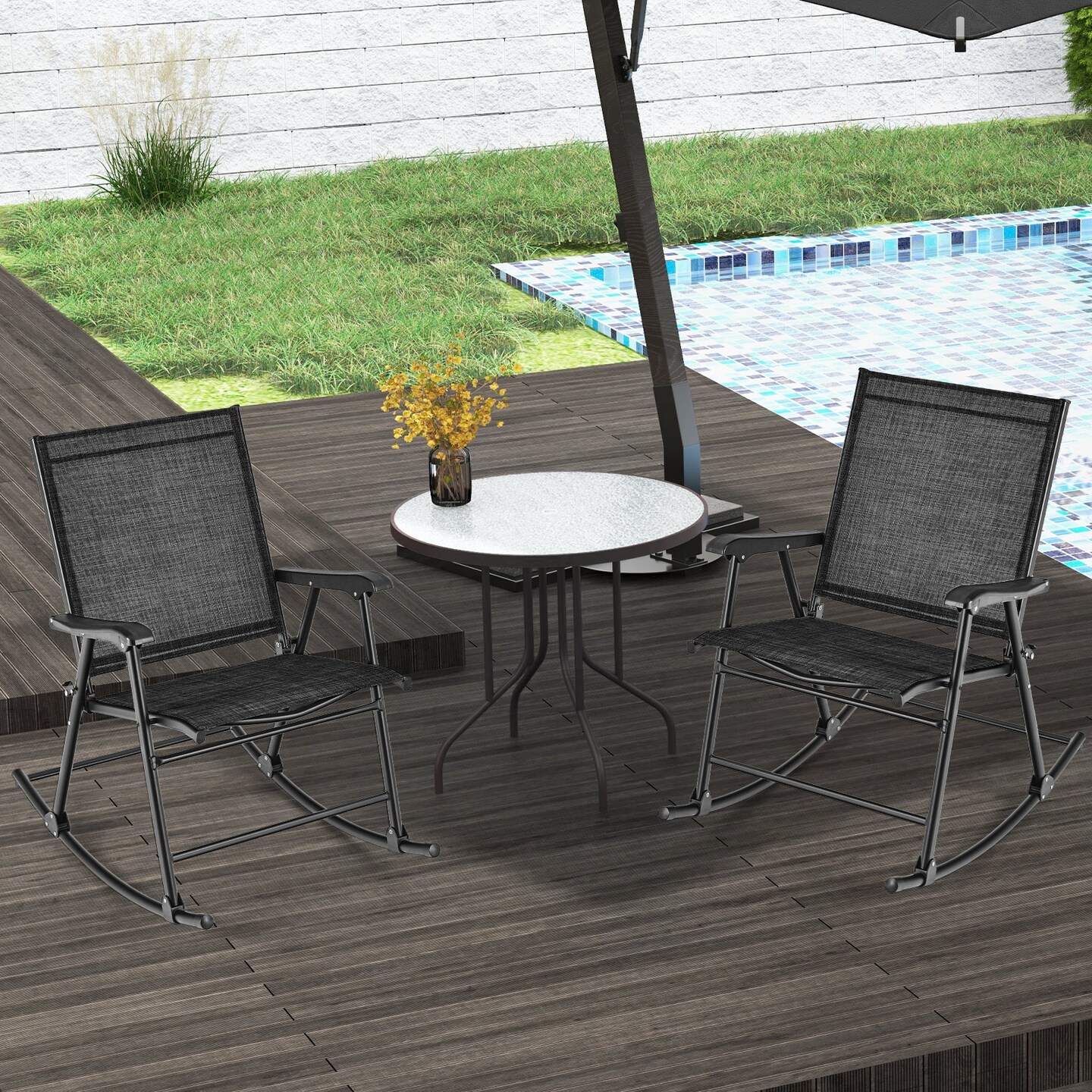 Set of 2 Folding Rocking Chairs with Breathable Fabric and Curved Armrests