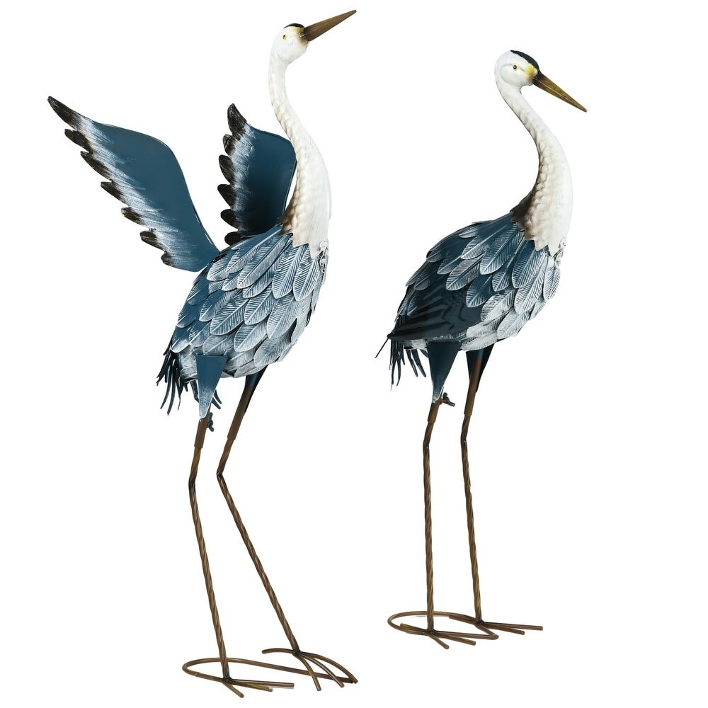 Crane Garden Statues 28.5" & 29" Metal Yard Art Blue & White Set of 2