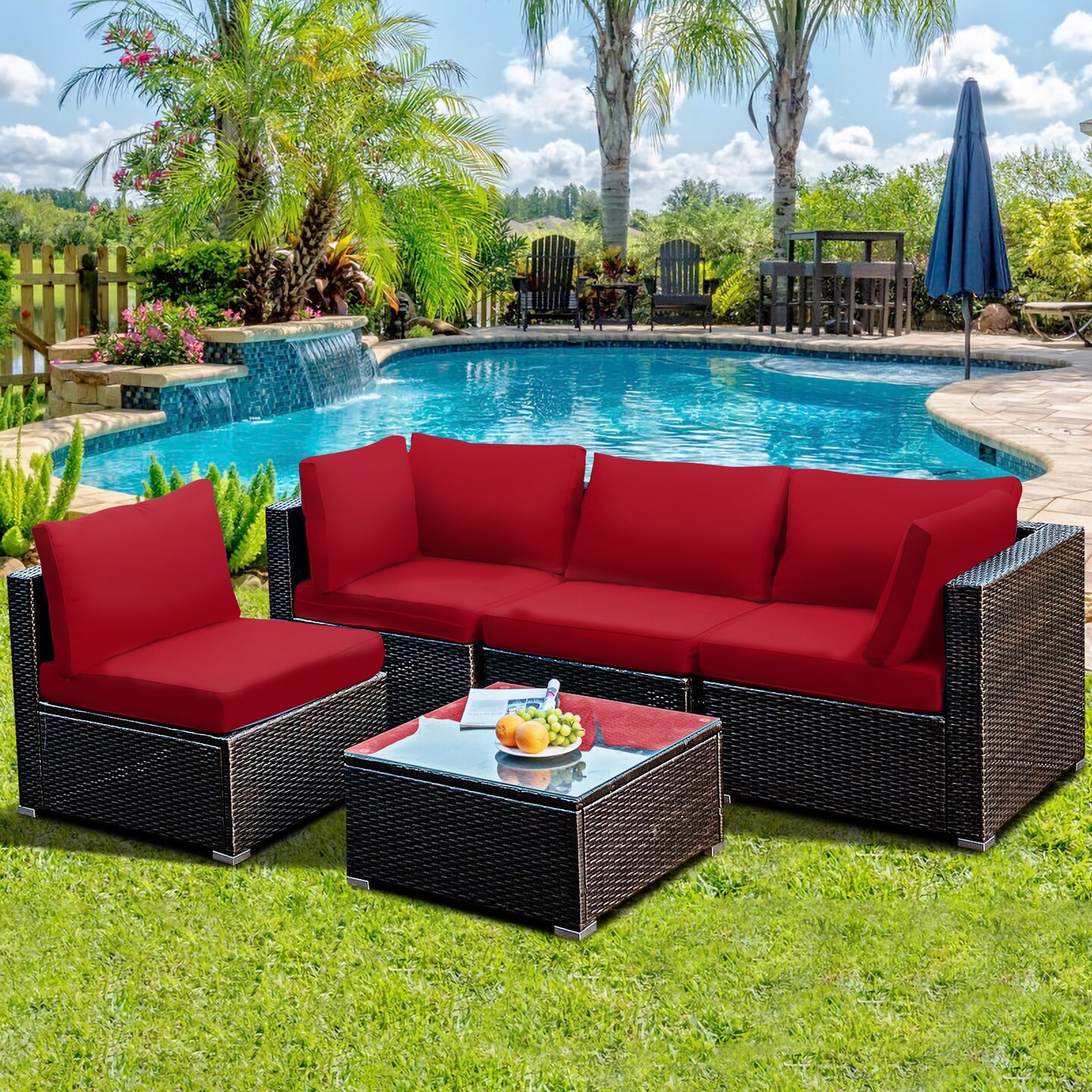 5-Piece Brown PE Rattan Outdoor Sectional Sofa Set with Tempered Glass