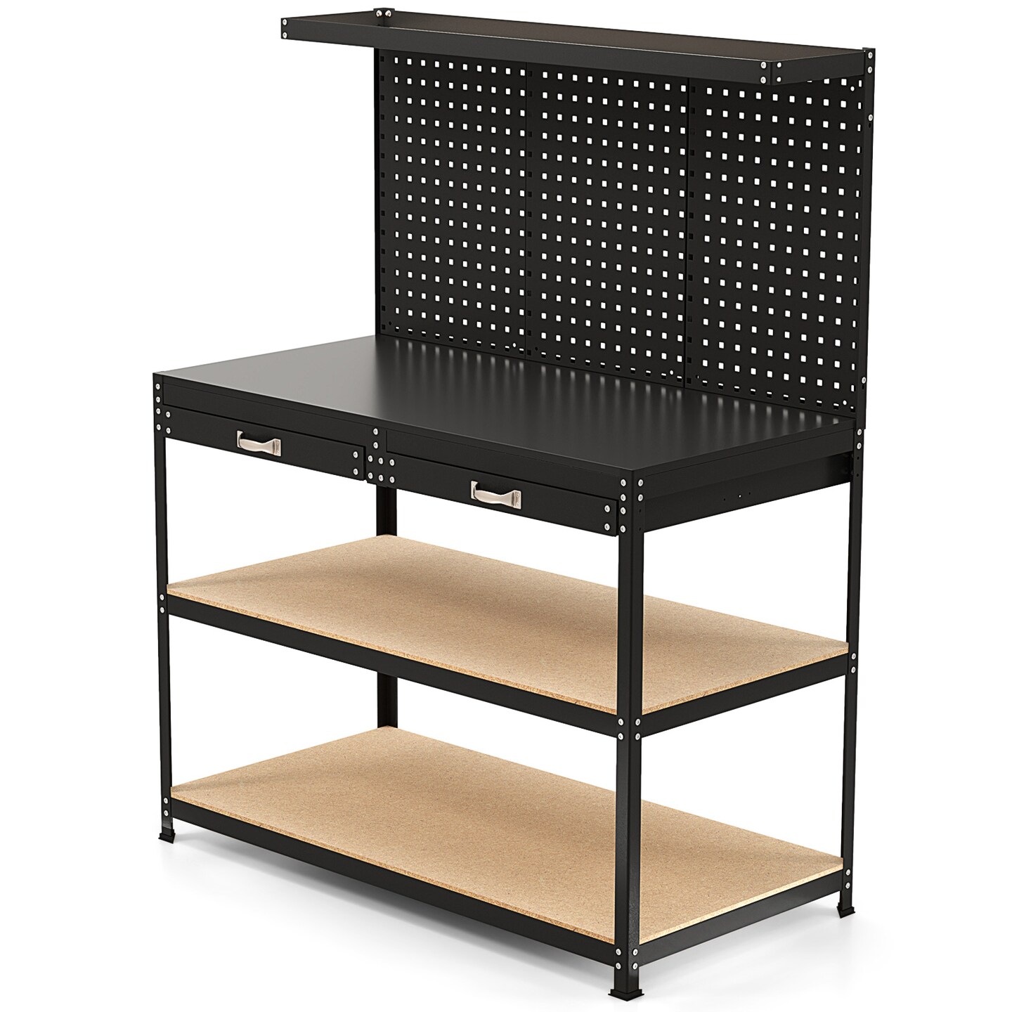 Black Metal MDF Heavy-Duty Workbench with Pegboard, Shelves, Drawers and Accessories