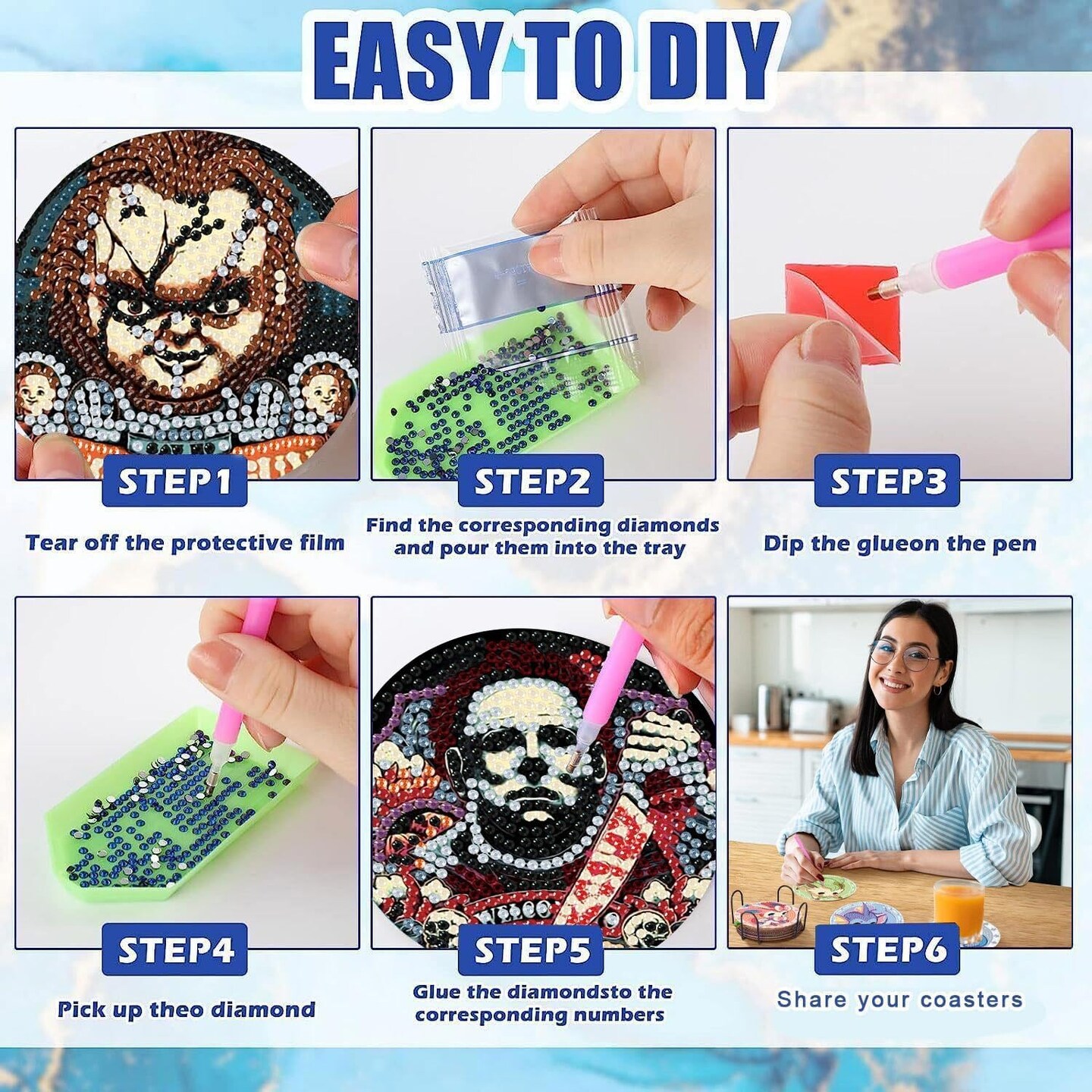 8 Pcs Halloween Diamond Art Coasters Kit for Adults - Round Full Drill Horror Diamond Painting Coasters Set with Holder