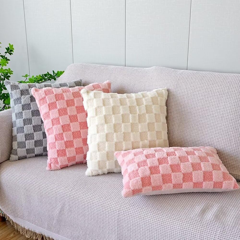 Pack of 2 Checkered Decorative Throw Pillow Covers 18x18 Square Soft Faux Fur Plush Pillow Covers for Couch Christmas Ivory-Z x2