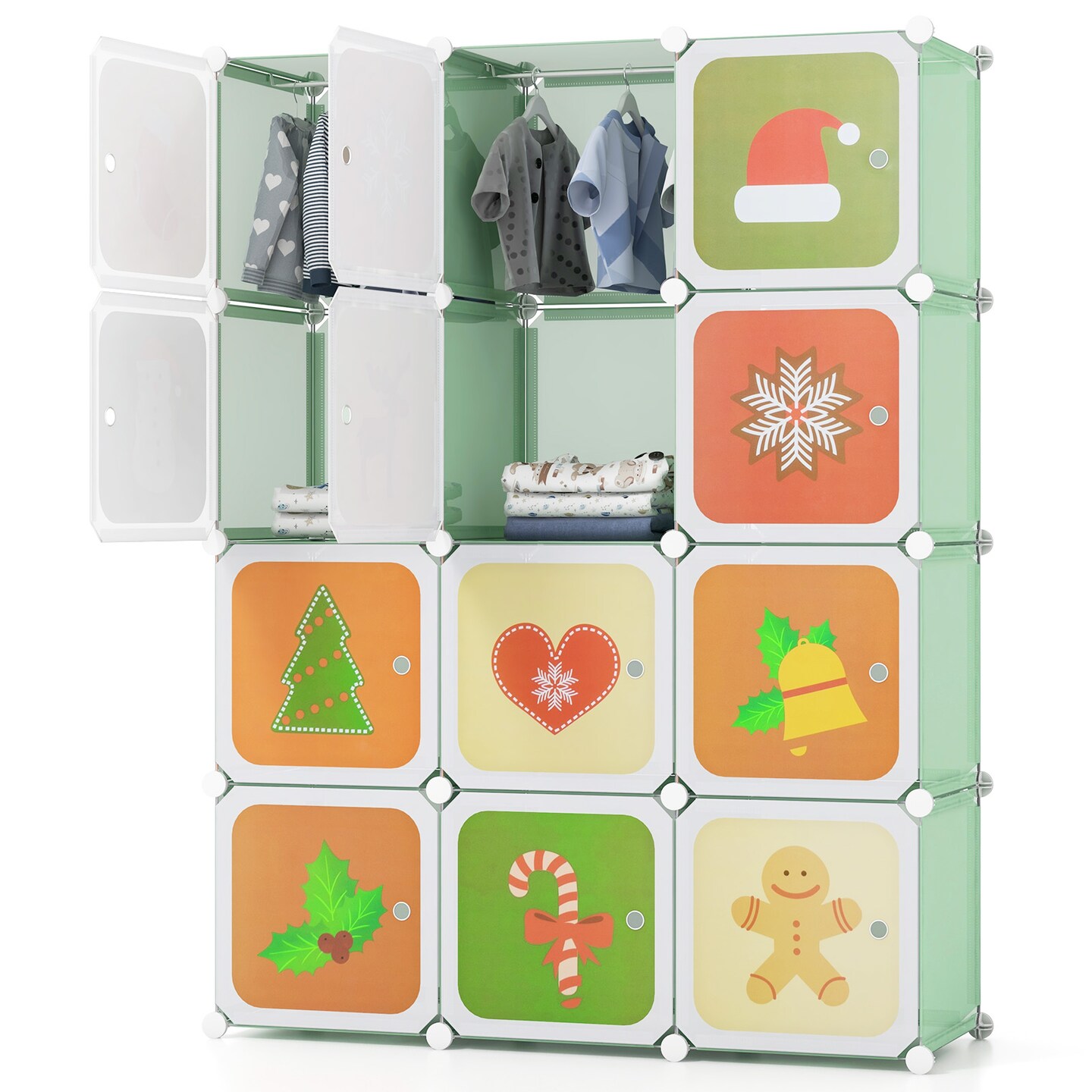 12 Cube Kids Storage Closet with Hanging Pole and Cartoon Doors