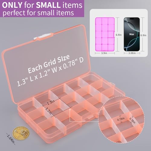 15 Girds Bead Organizer(4 Pack), Earring Organizer Box, SMALL Plastic Containers with Adjustable Dividers for Crafts Jewelry Screws Fishing Tackles Small Items, Size 6.9&#xD7;3.9&#xD7;0.9in