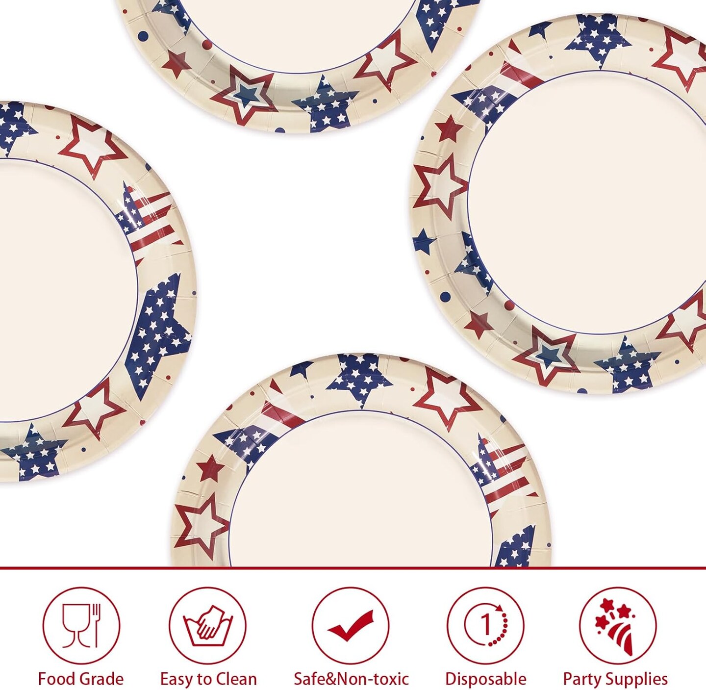 50 Pcs Patriotic Paper Plates 10" Heavy Duty 4th of July Party Plates Disposable American Flag Platter Red Blue Stars Decorative Plate for Independence Day Memorial Day Party Supplies