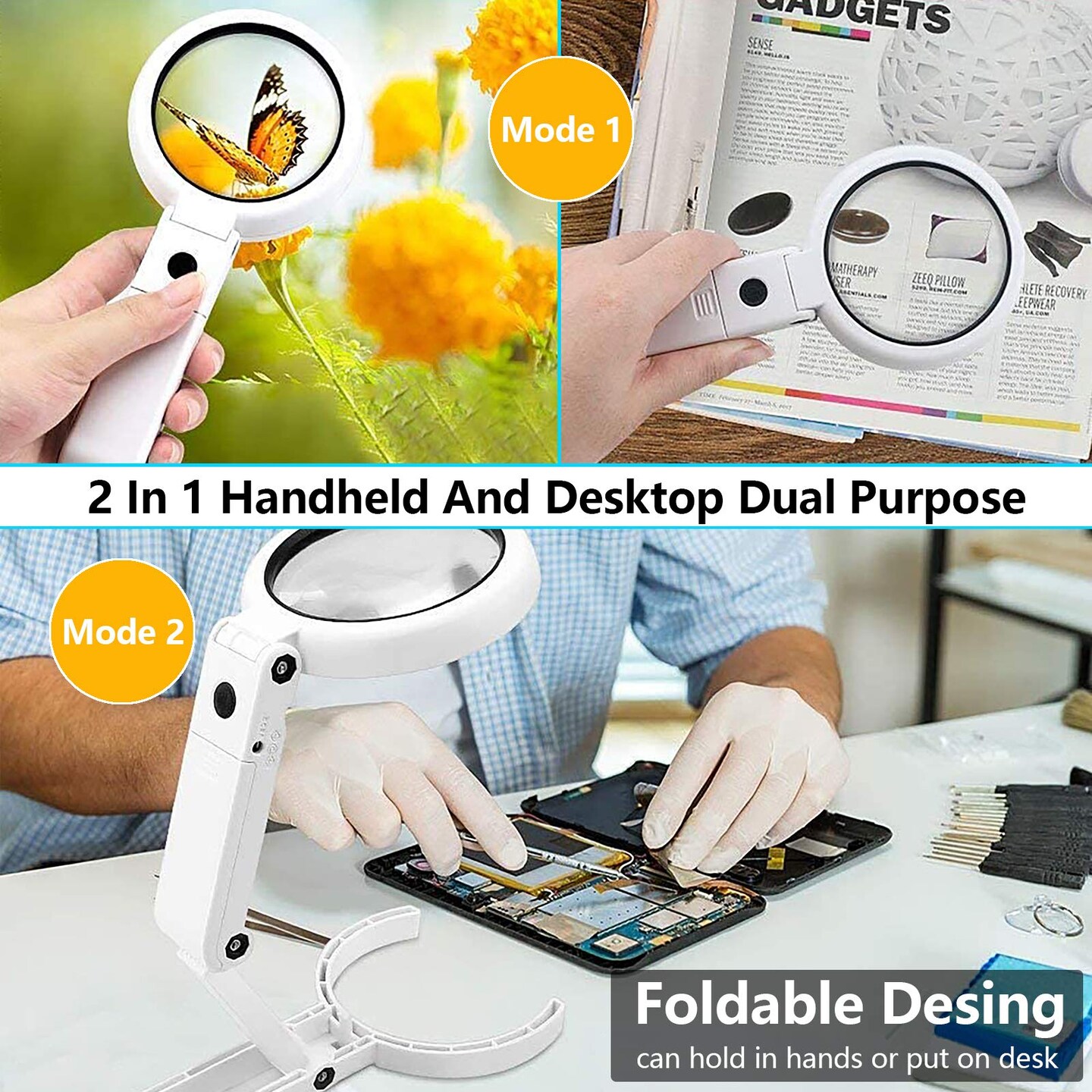 30X 10X Magnifying Glass with Light and Stand, Foldable Handheld Magnifying Glass &#x26; 2 Level Dimmable for Macular Degeneration, Seniors Reading, Close Work, Coins, Jewelry, Powered by Battery or USB