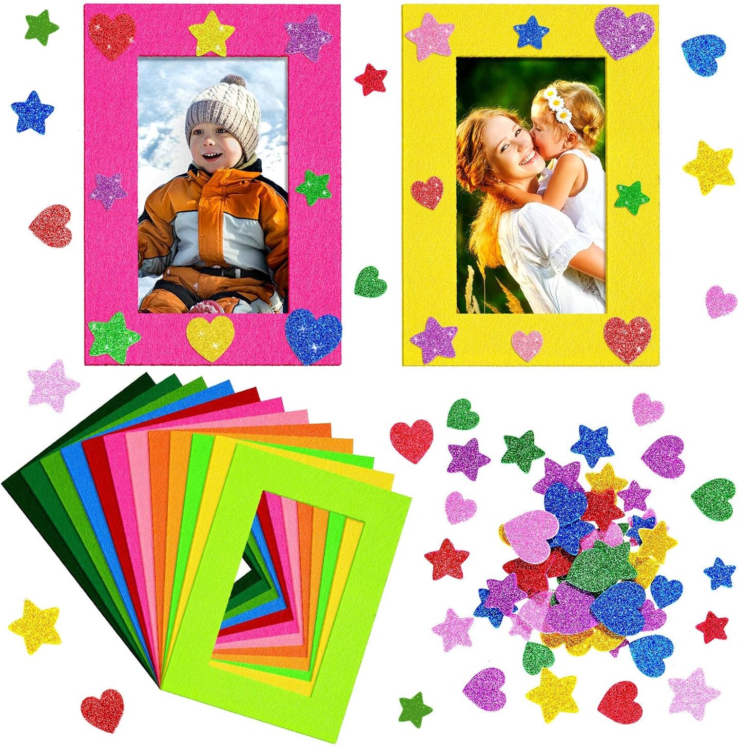 24 Pieces Colorful Felt Photo Frames Holiday Picture Frames and 50 Pieces Colorful Glitter Foam Stickers for Home and Office Decoration,12 Colors, 4 x 6 Photos(4.7 x 2.8 Inch,Simple Colors)