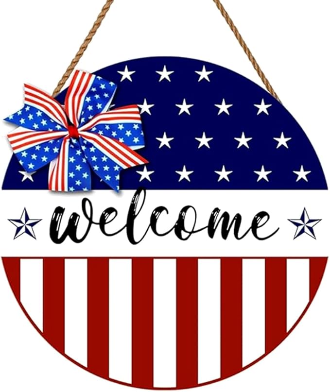 4th of July Independence Day Wreath Patriotic Stars Sign American Fourth of July Hanger Welcome Front for Door Decor 13 Inch Memorial Day Door Sign for Porch Home Wall Outdoor Decorations