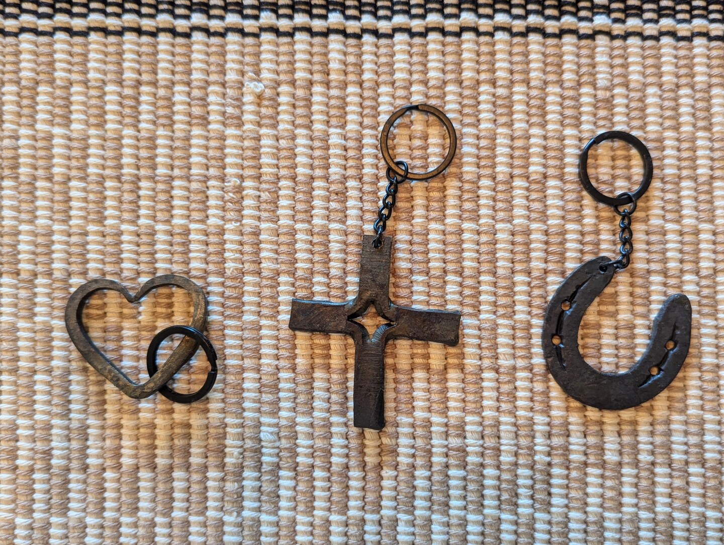Amish made Forged Steel Keychain - Religious Cross, Heart